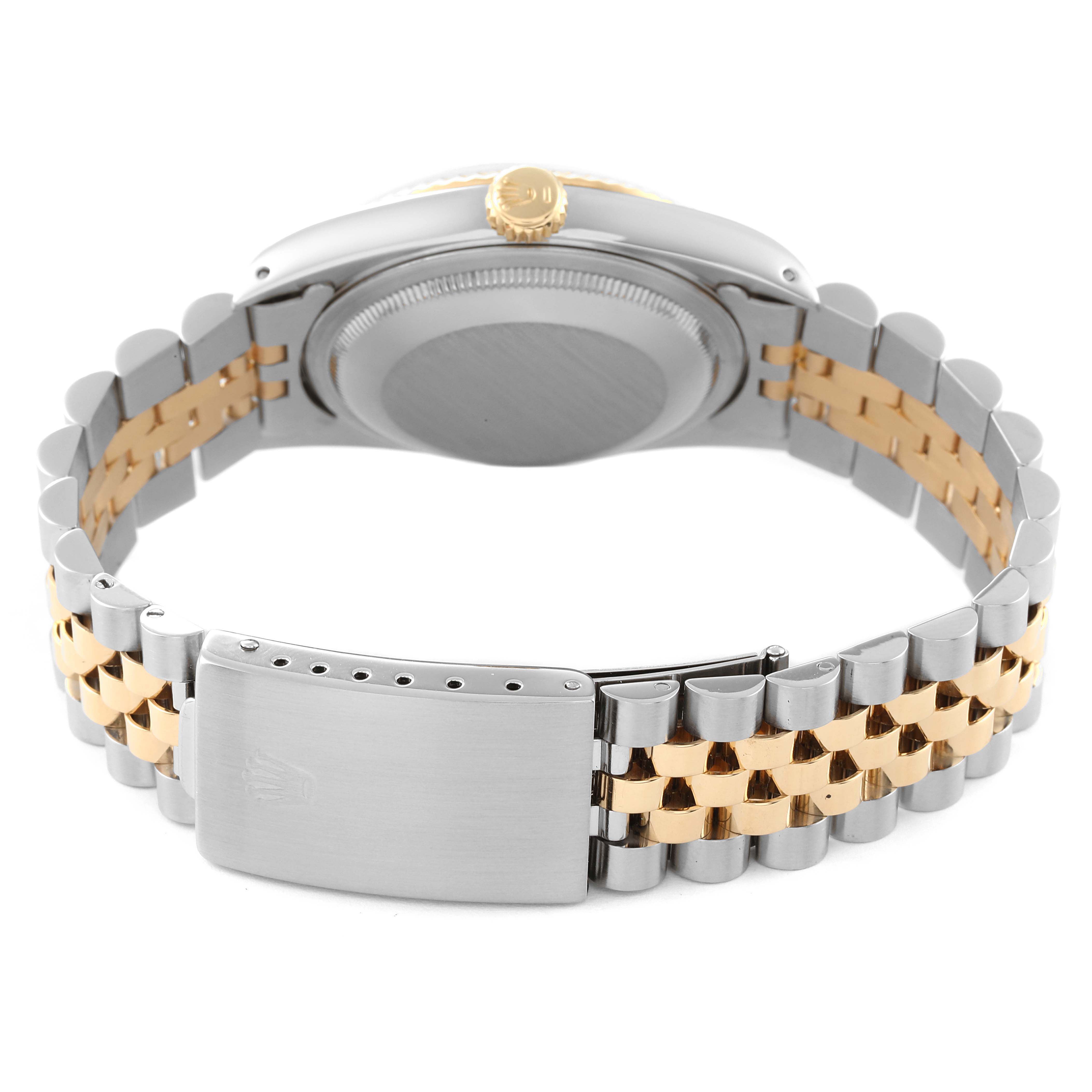 This image shows the back view of a Rolex Datejust 16233 Men's Steel and Gold (two tone) Champagne Dial 16233 Men's Steel and Gold (two tone) Champagne Dial watch, highlighting its case back, bracelet, and clasp.