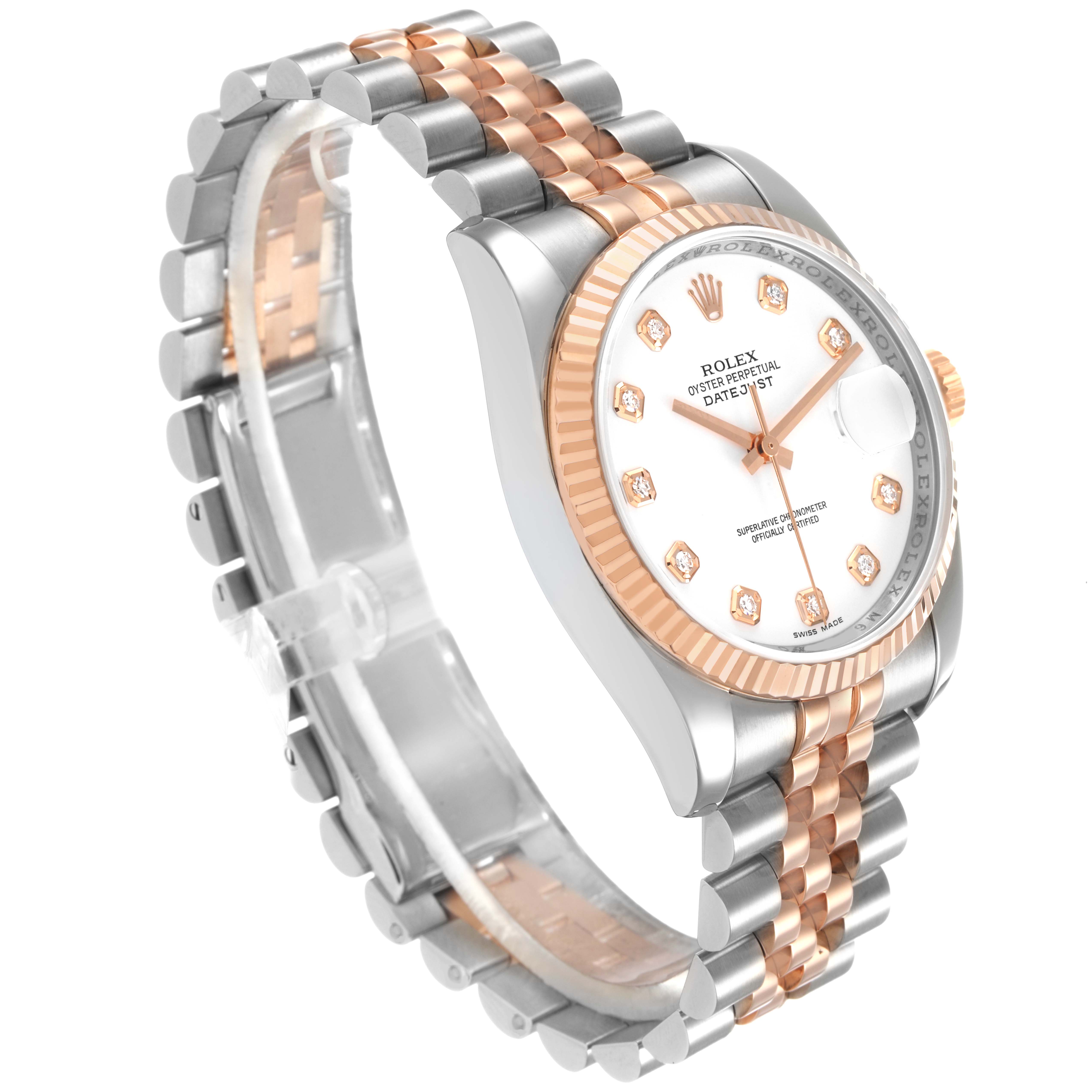 The Rolex Datejust 116231 Men's Steel and Gold (two tone) White Dial is shown at an angled side view, highlighting the bracelet, case, fluted bezel, and dial.