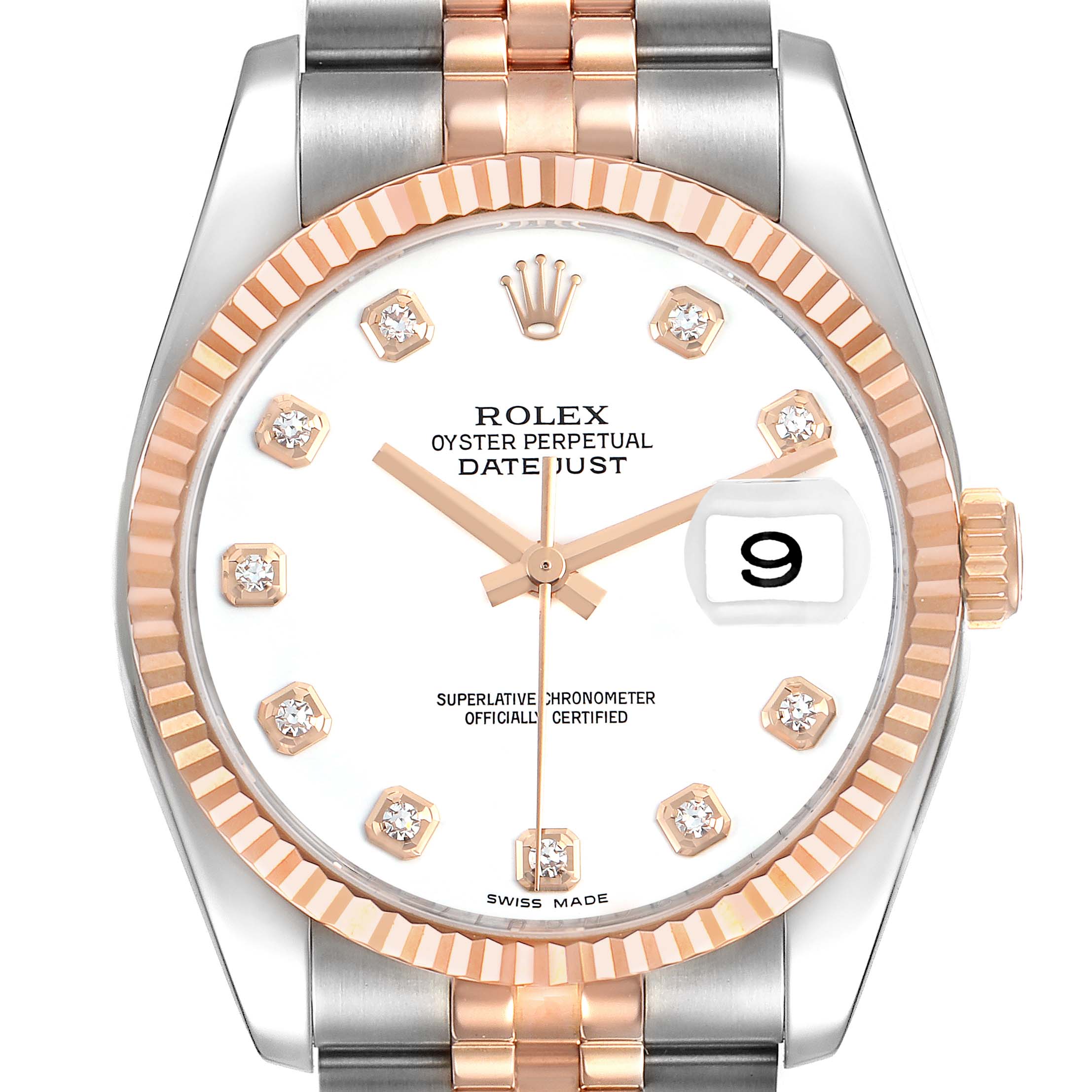 The Rolex Datejust 116231 Men's Steel and Gold (two tone) White Dial watch is shown from a frontal angle, displaying the face, fluted bezel, and part of the bracelet.