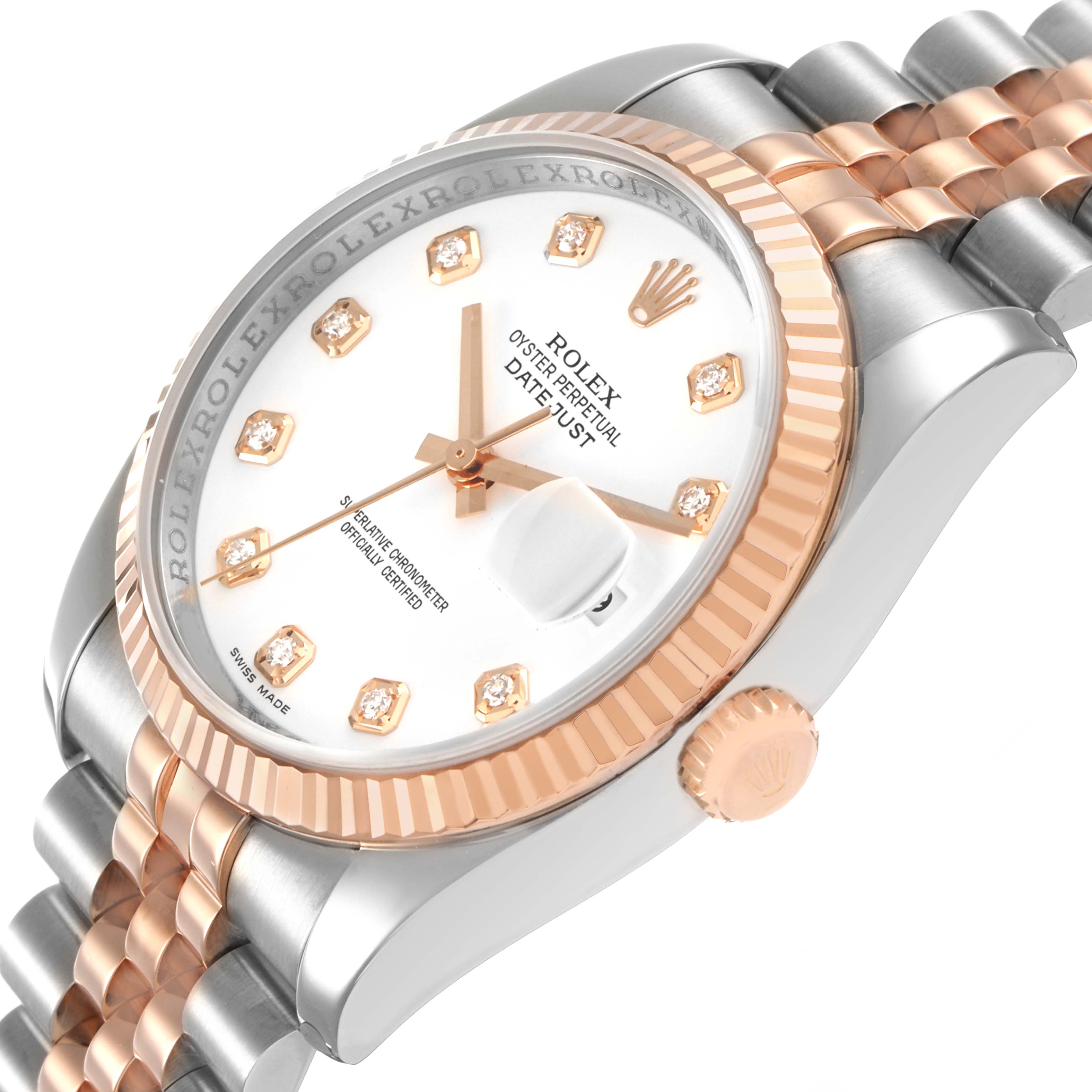 The Rolex Datejust 116231 Men's Steel and Gold (two tone) White Dial watch is shown from a side angle, highlighting its dial, bezel, and partially visible bracelet and crown.
