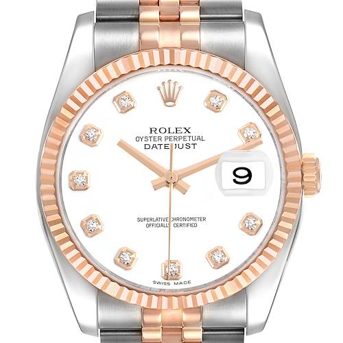 The Rolex Datejust 116231 Men's Steel and Gold (two tone) White Dial watch is shown from the front, highlighting the dial, bezel, crown, and part of the bracelet.