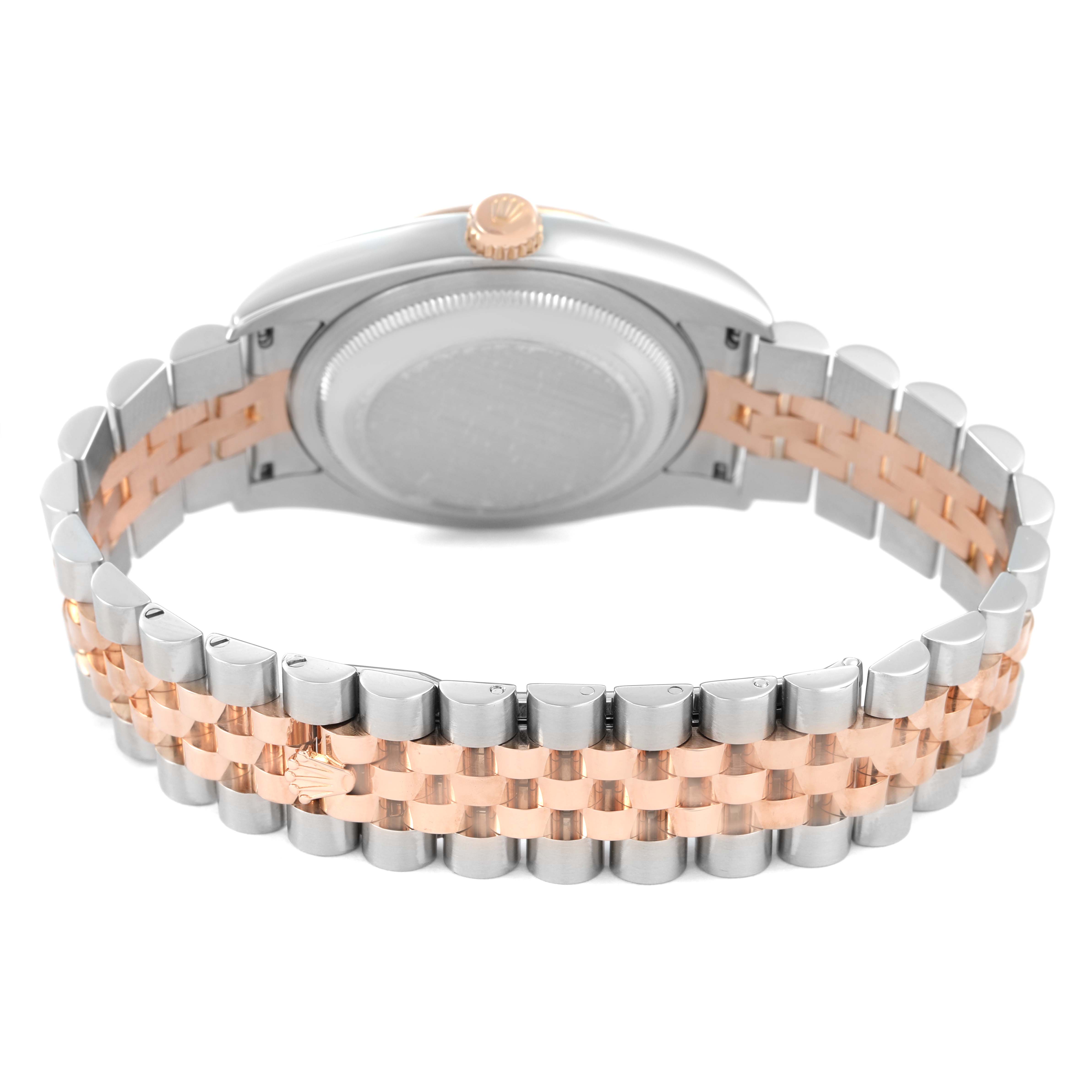 The image shows the back view of a Rolex Datejust 116231 Men's Steel and Gold (two tone) White Dial, featuring a two-tone bracelet and case back.