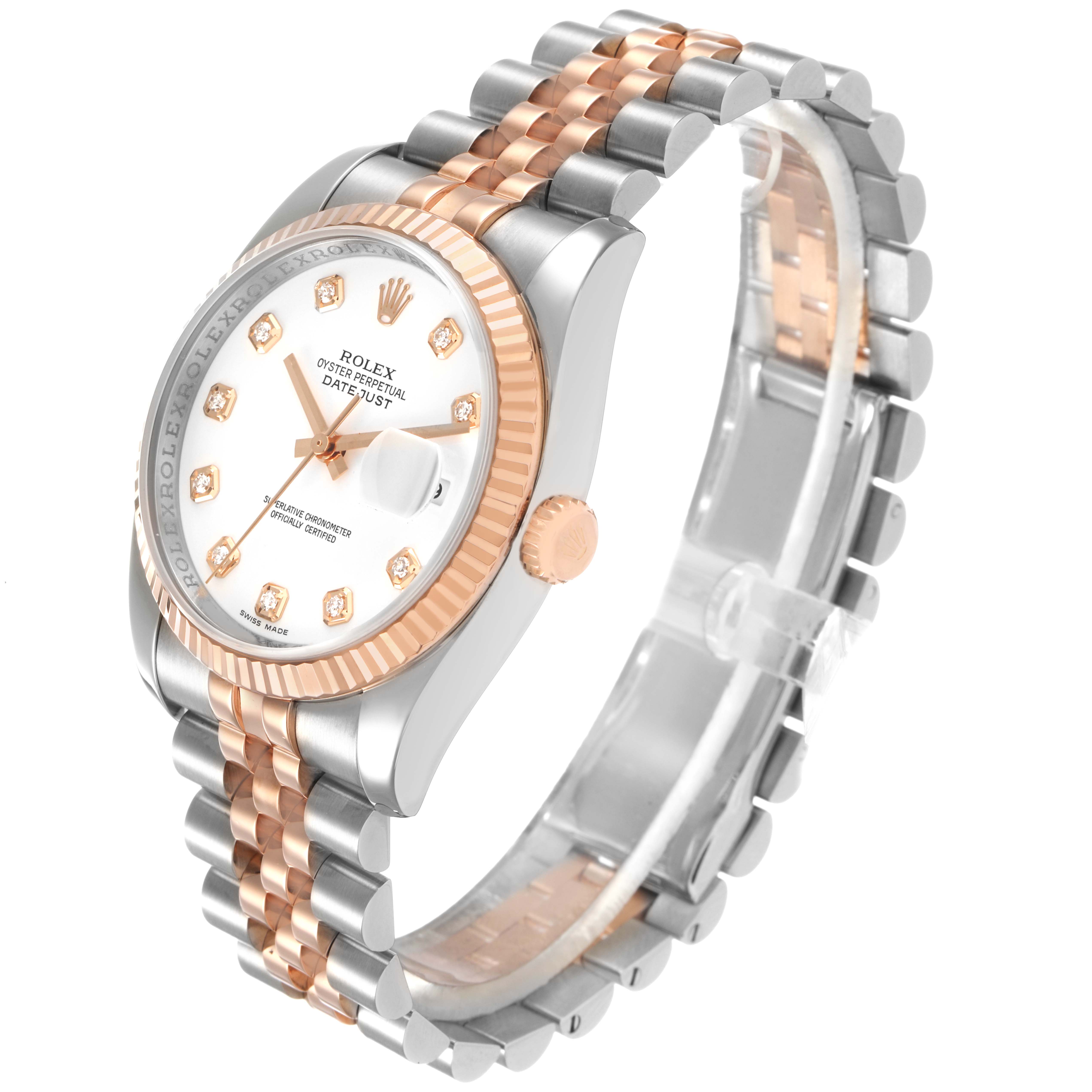 The Rolex Datejust 116231 Men's Steel and Gold (two tone) White Dial watch is shown at an angled side view, highlighting the bezel, crown, dial, and bracelet.