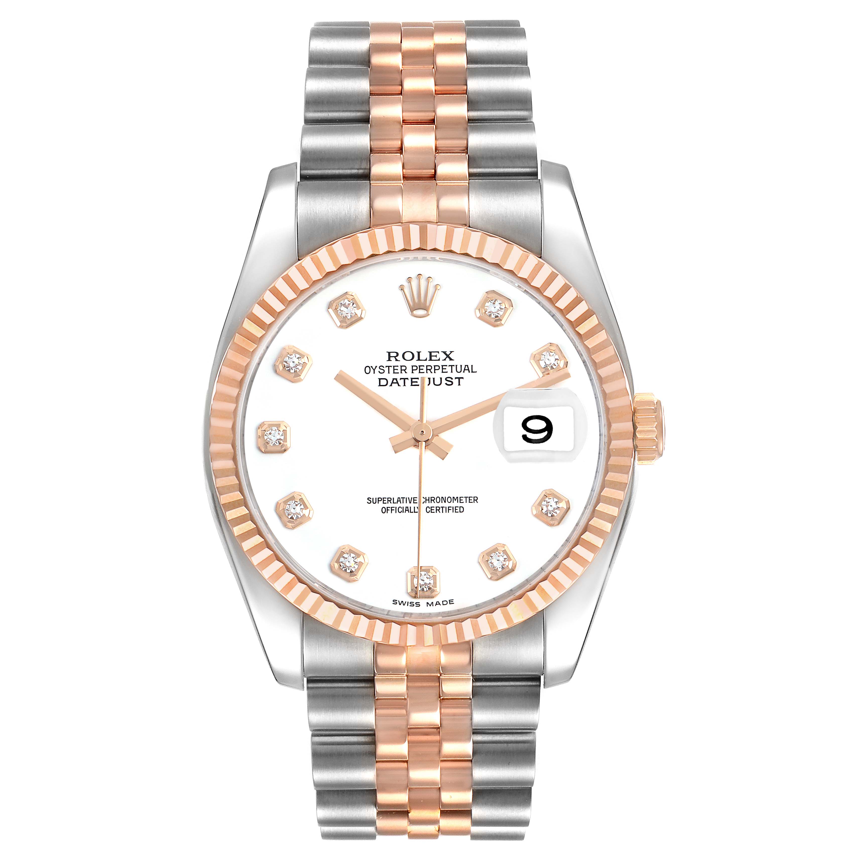 The Rolex Datejust 116231 Men's Steel and Gold (two tone) White Dial watch is shown from a front angle, displaying its face, bezel, and two-tone bracelet.