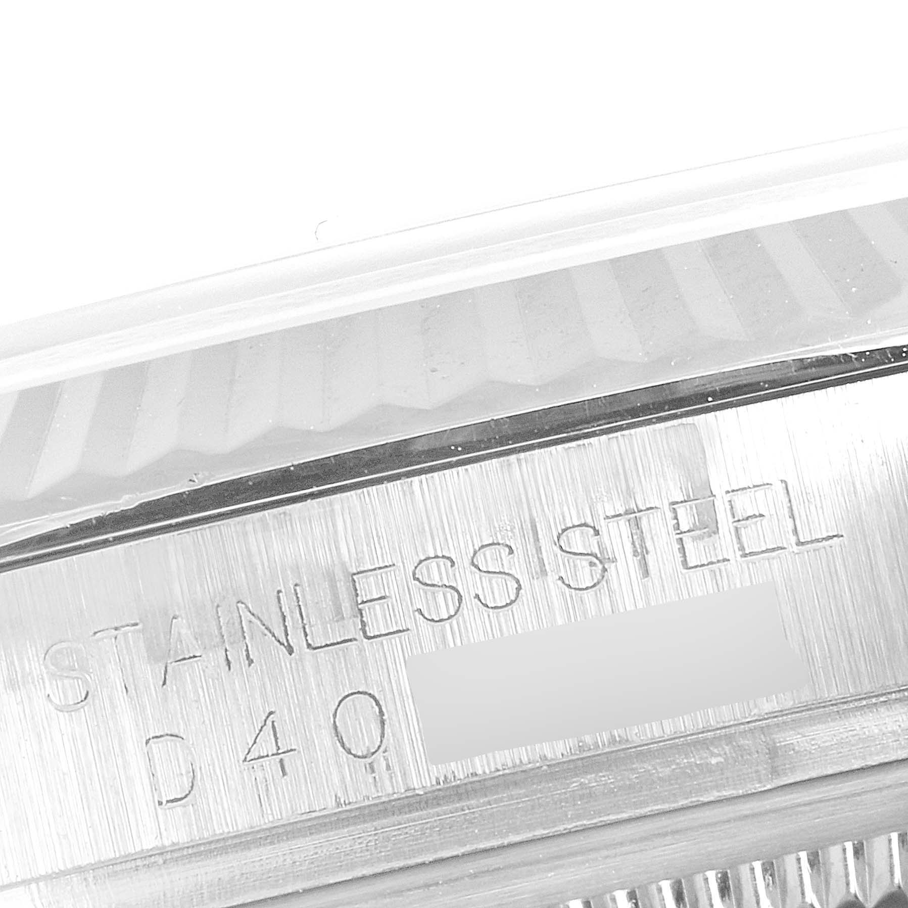 The image shows a close-up angle of the case back of a Rolex Datejust 116234 Men's Stainless Steel Silver Dial 116234 Men's Stainless Steel Silver Dial watch, highlighting the stainless steel marking.