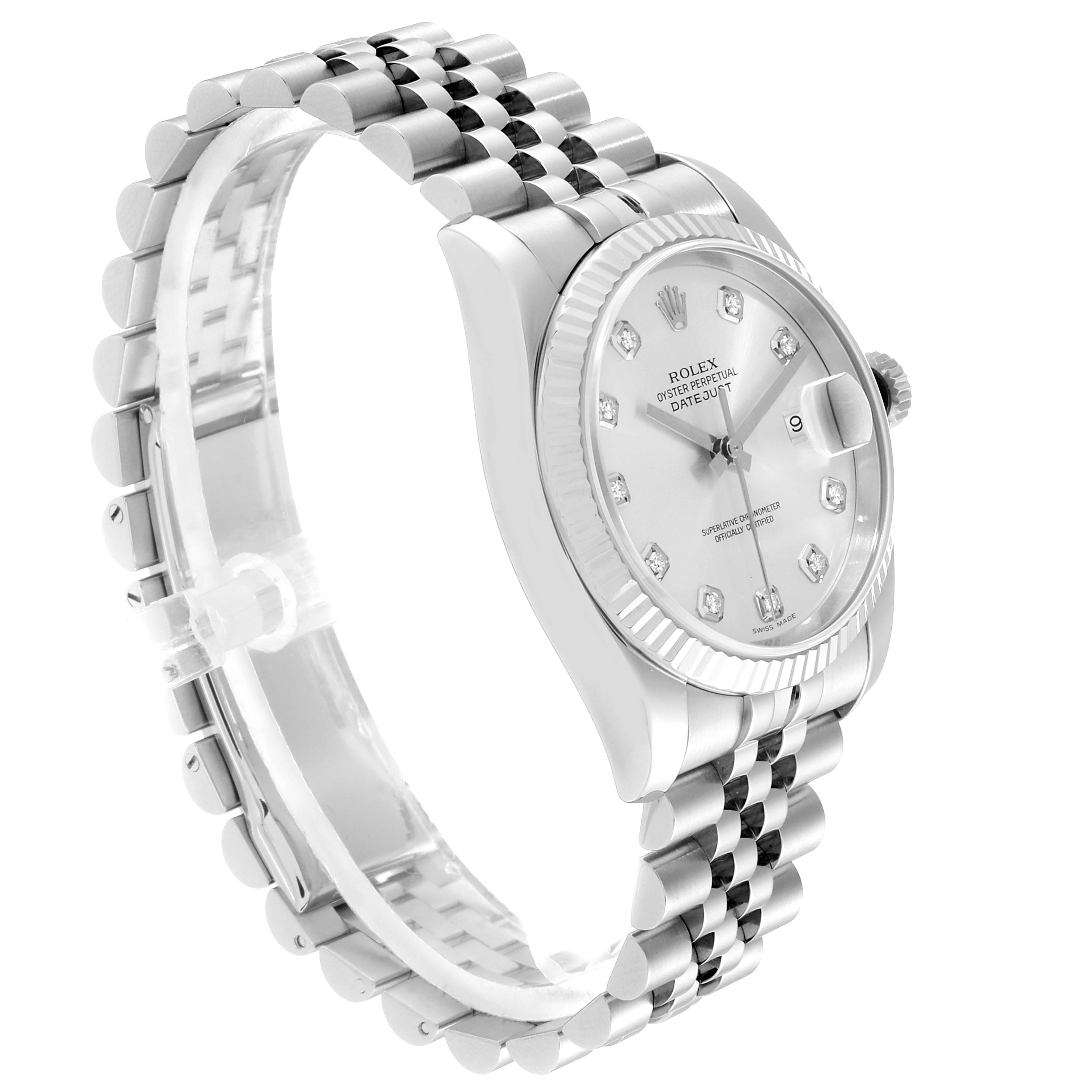 The Rolex Datejust 116234 Men's Stainless Steel Silver Dial 116234 Men's Stainless Steel Silver Dial watch is shown in an angled side view, highlighting its case, dial, bezel, and bracelet.