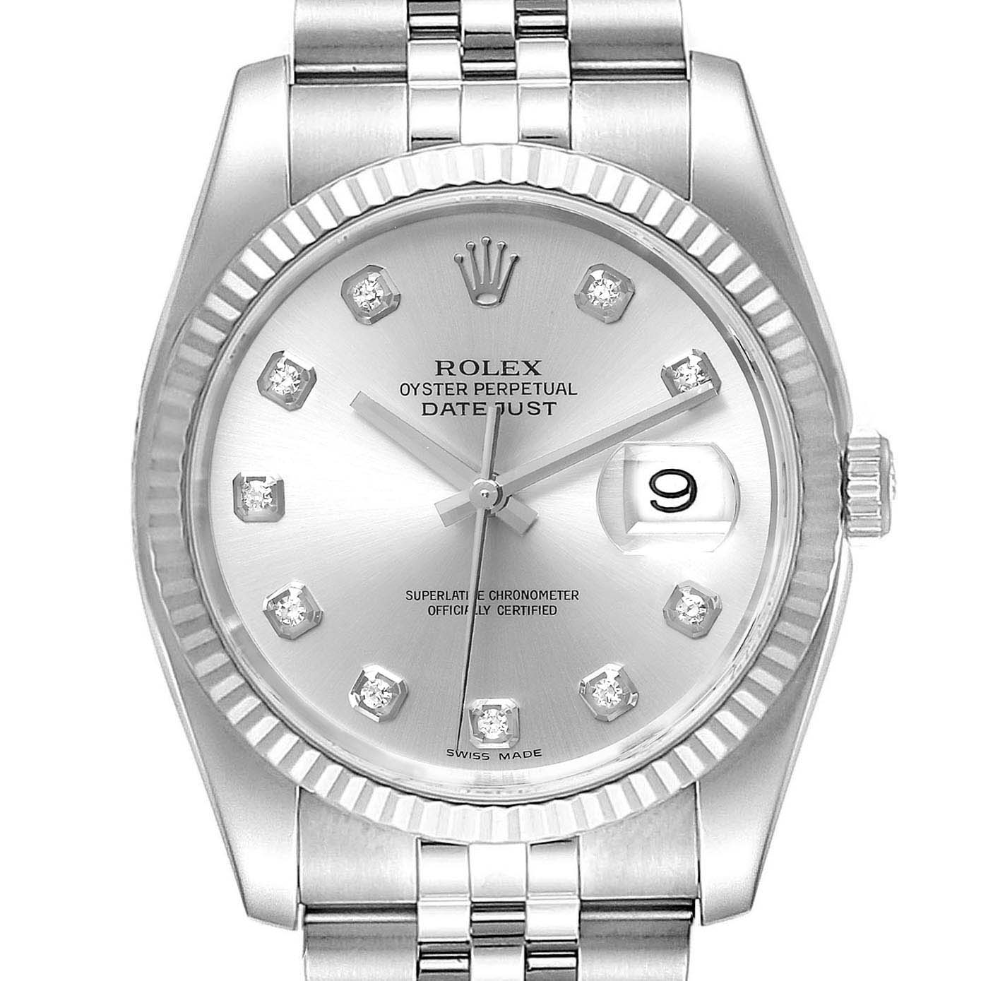 This image shows a frontal view of a Rolex Datejust 116234 Men's Stainless Steel Silver Dial 116234 Men's Stainless Steel Silver Dial watch, featuring its dial, hands, bezel, and part of the bracelet.