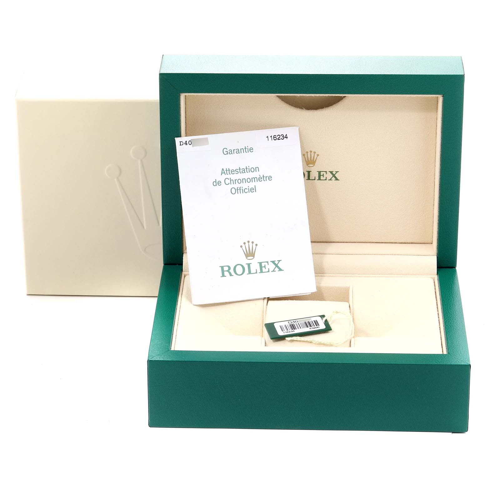 The image shows the open box and documentation for a Rolex Datejust 116234 Men's Stainless Steel Silver Dial 116234 Men's Stainless Steel Silver Dial watch.