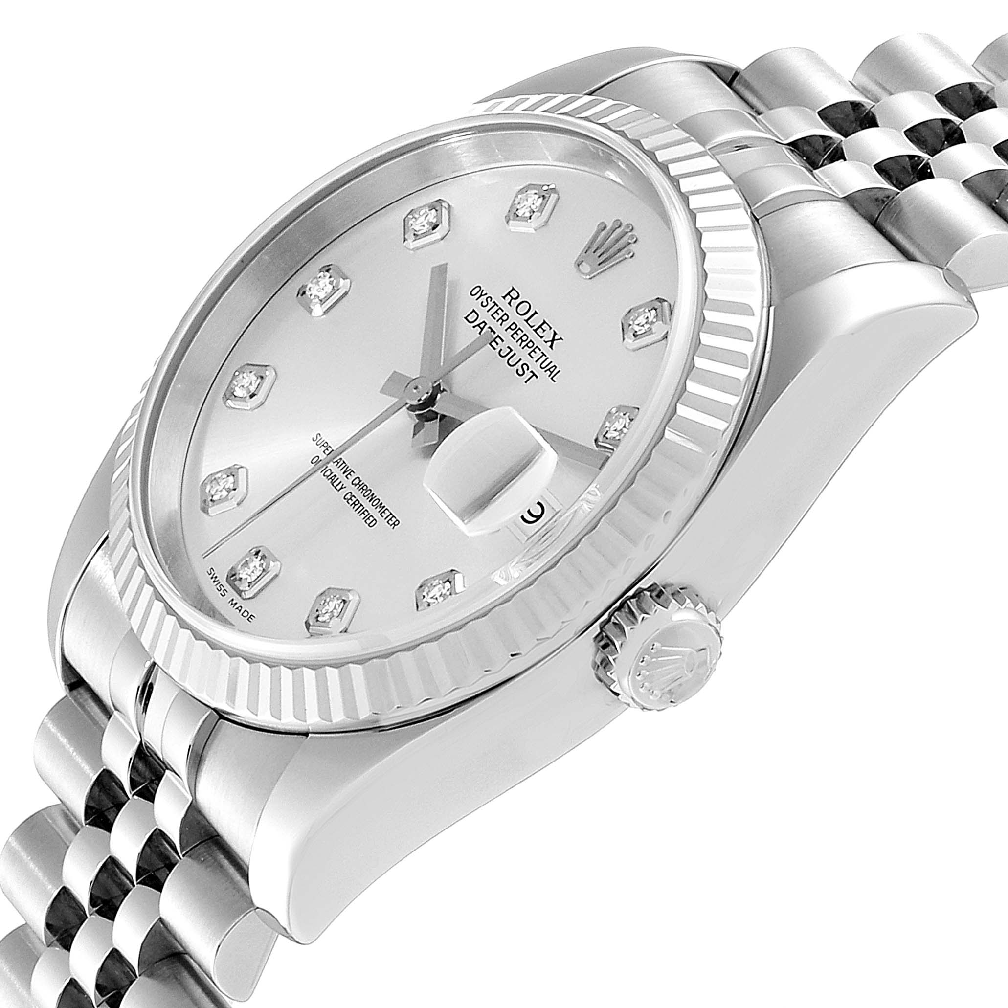 The Rolex Datejust 116234 Men's Stainless Steel Silver Dial 116234 Men's Stainless Steel Silver Dial watch is shown from an angled side view, displaying the dial, crown, case, and part of the bracelet.