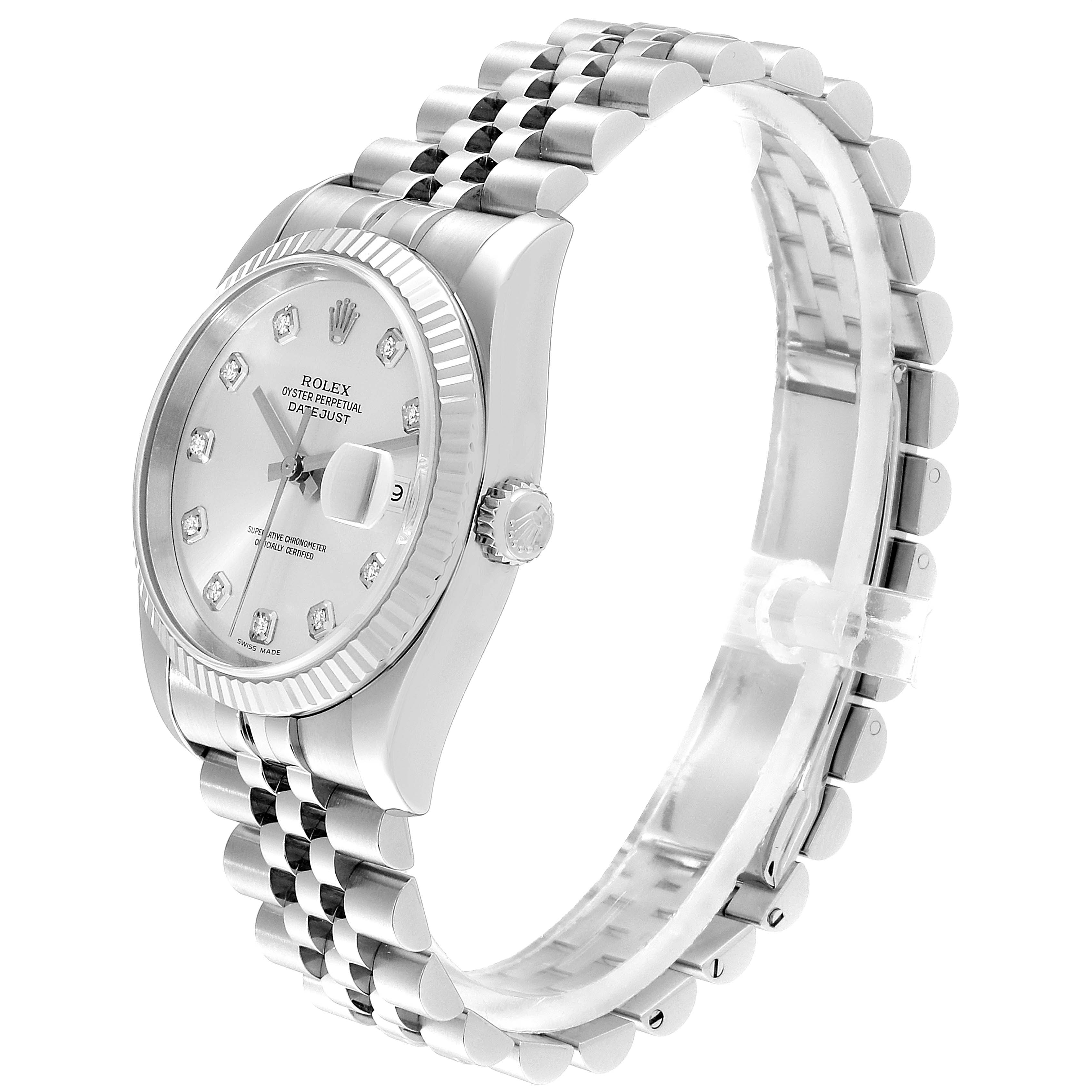 The image shows a Rolex Datejust 116234 Men's Stainless Steel Silver Dial 116234 Men's Stainless Steel Silver Dial watch from a side profile, prominently displaying its dial, crown, and bracelet.