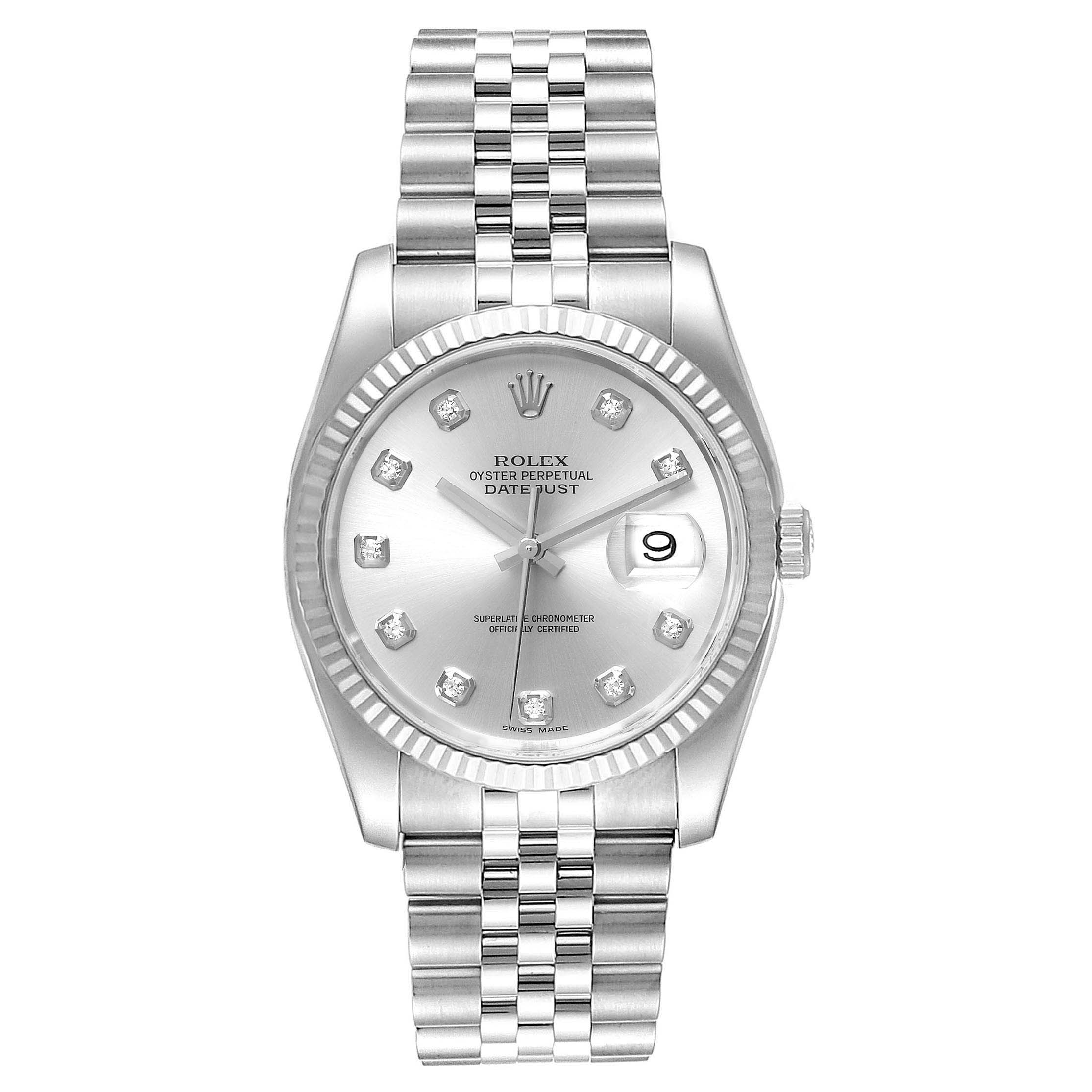 The image shows a Rolex Datejust 116234 Men's Stainless Steel Silver Dial 116234 Men's Stainless Steel Silver Dial watch from a top-down angle, featuring the dial, bezel, hands, and bracelet.
