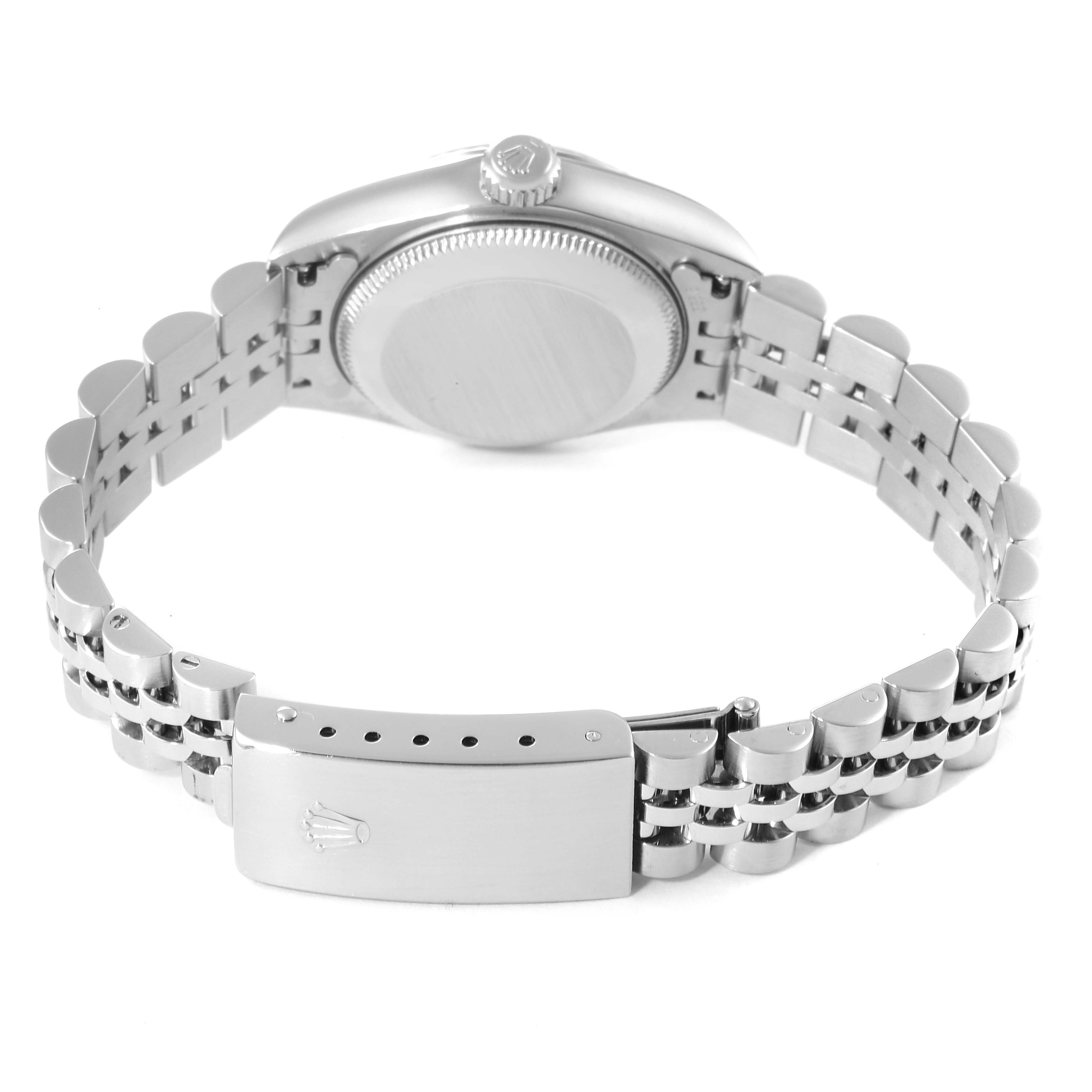 The image shows the back and clasp of a Rolex Datejust 79174 Women's Stainless Steel Mother of Pearl Dial 79174 Women's Stainless Steel Mother of Pearl Dial watch, highlighting the bracelet and case back.