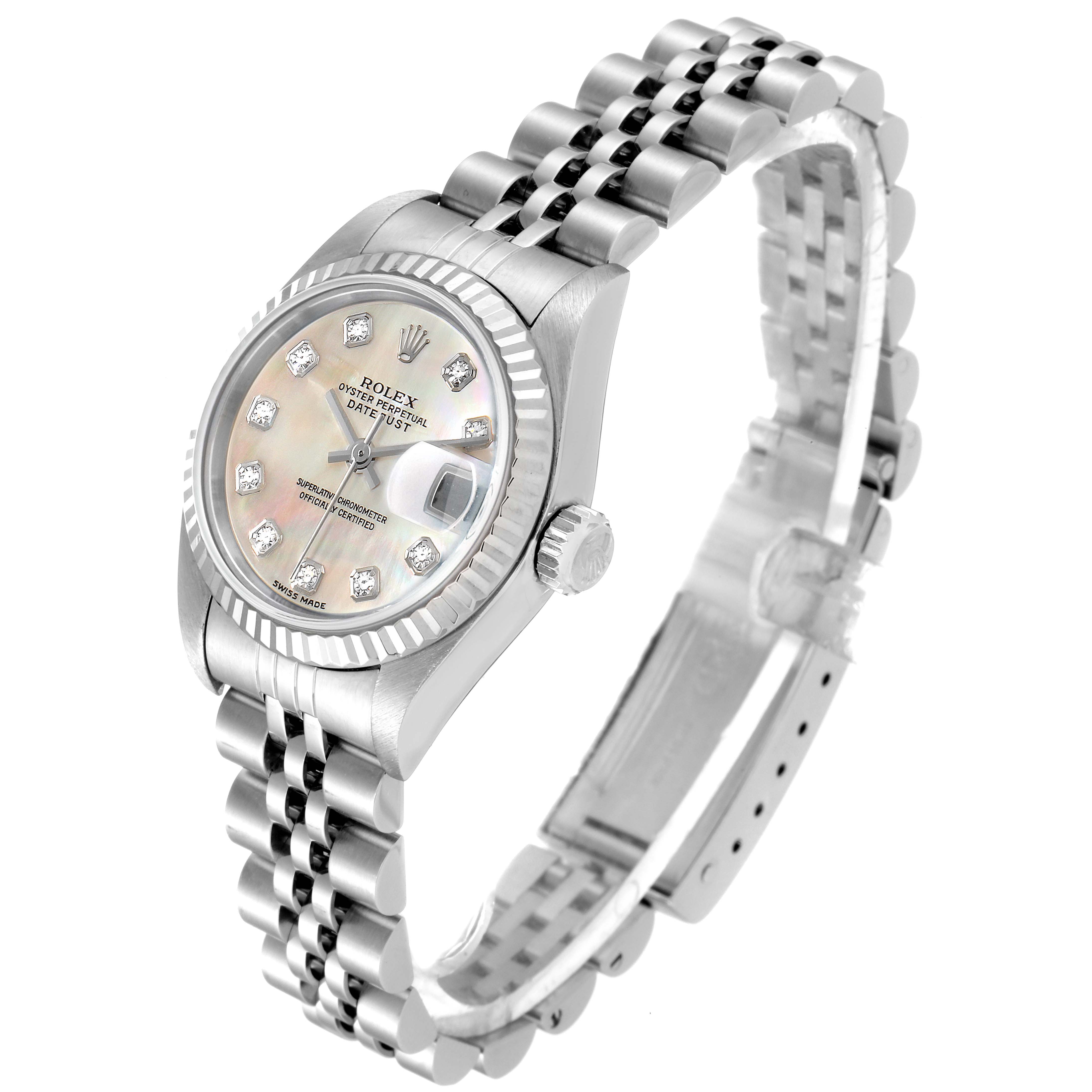 The Rolex Datejust 79174 Women's Stainless Steel Mother of Pearl Dial 79174 Women's Stainless Steel Mother of Pearl Dial watch is shown at an angled view displaying its dial, bezel, and bracelet.