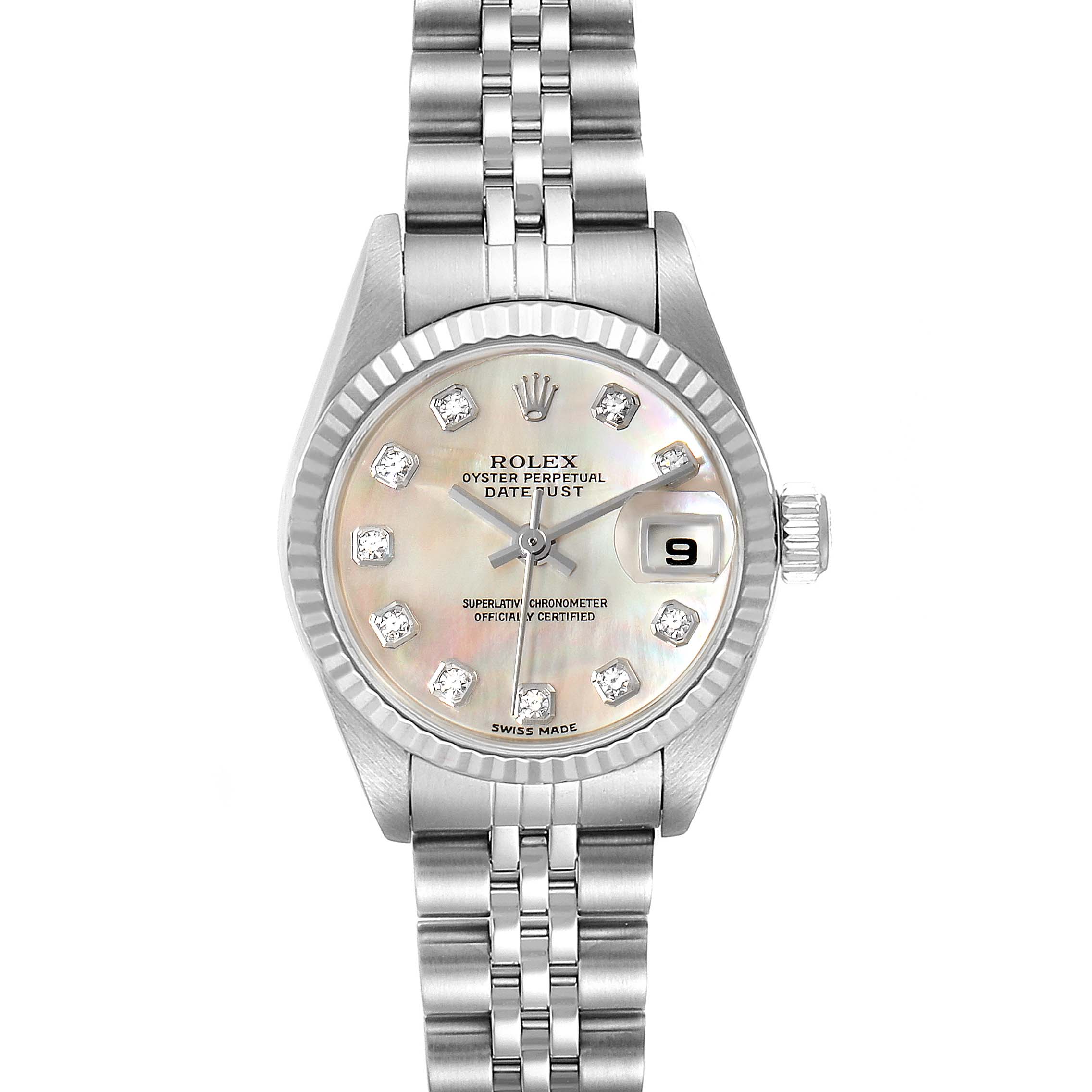 The image shows a Rolex Datejust 79174 Women's Stainless Steel Mother of Pearl Dial 79174 Women's Stainless Steel Mother of Pearl Dial watch, featuring the dial, bezel, bracelet, and date window.