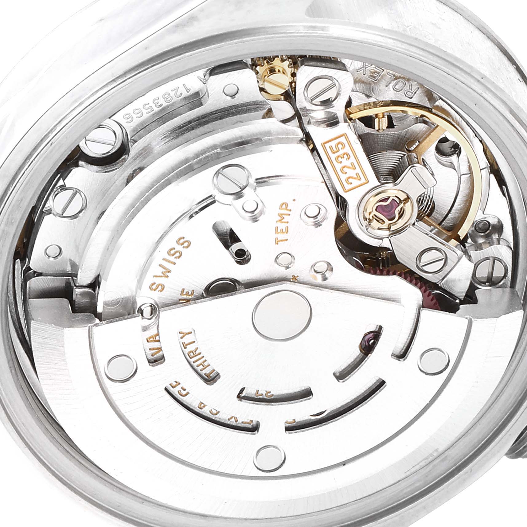 This image shows a close-up view of the Rolex Datejust 79174 Women's Stainless Steel Mother of Pearl Dial 79174 Women's Stainless Steel Mother of Pearl Dial watch movement, focusing on the intricate mechanical components.