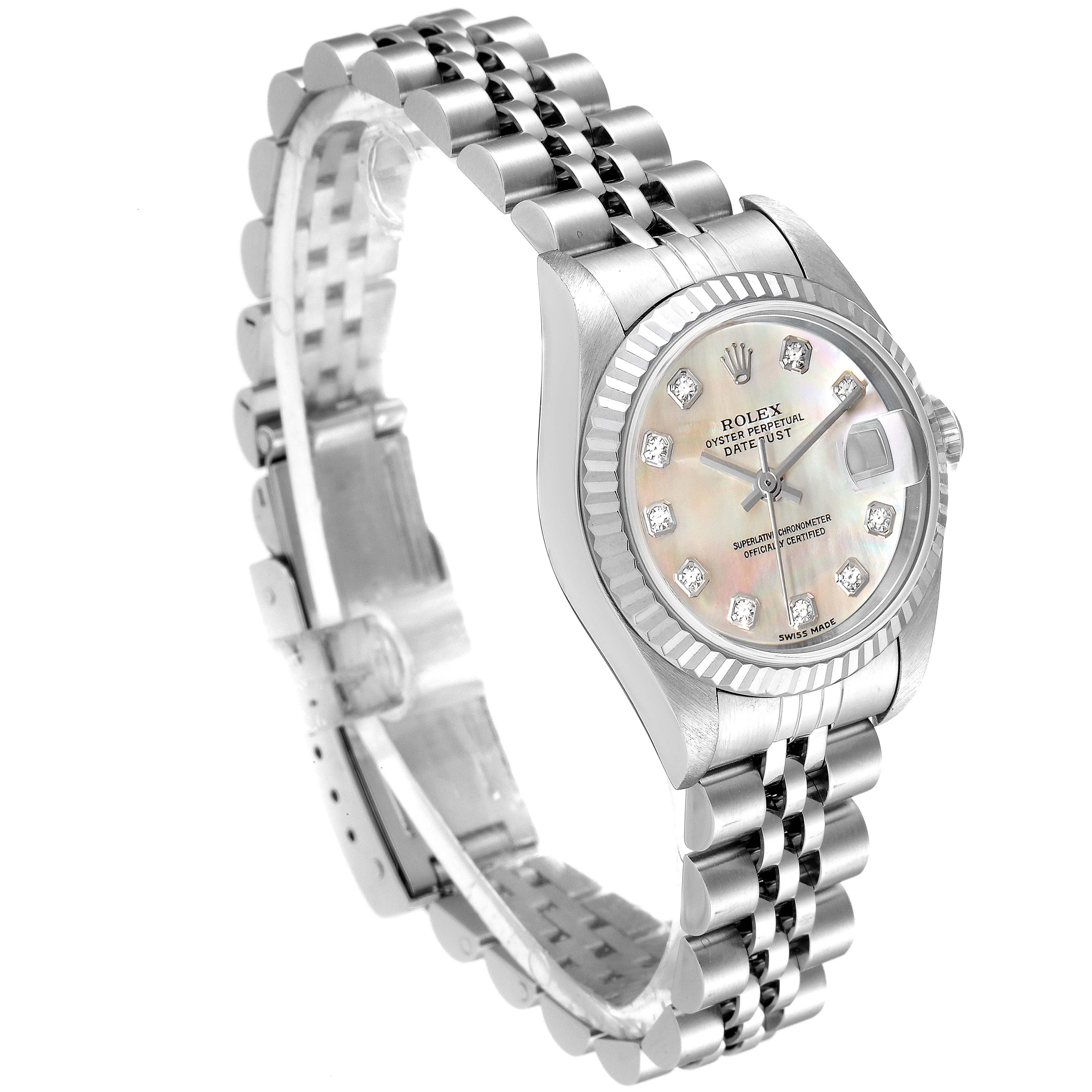 This image showcases a Rolex Datejust 79174 Women's Stainless Steel Mother of Pearl Dial 79174 Women's Stainless Steel Mother of Pearl Dial watch from an angled side view, highlighting the dial, case, bracelet, and fluted bezel.