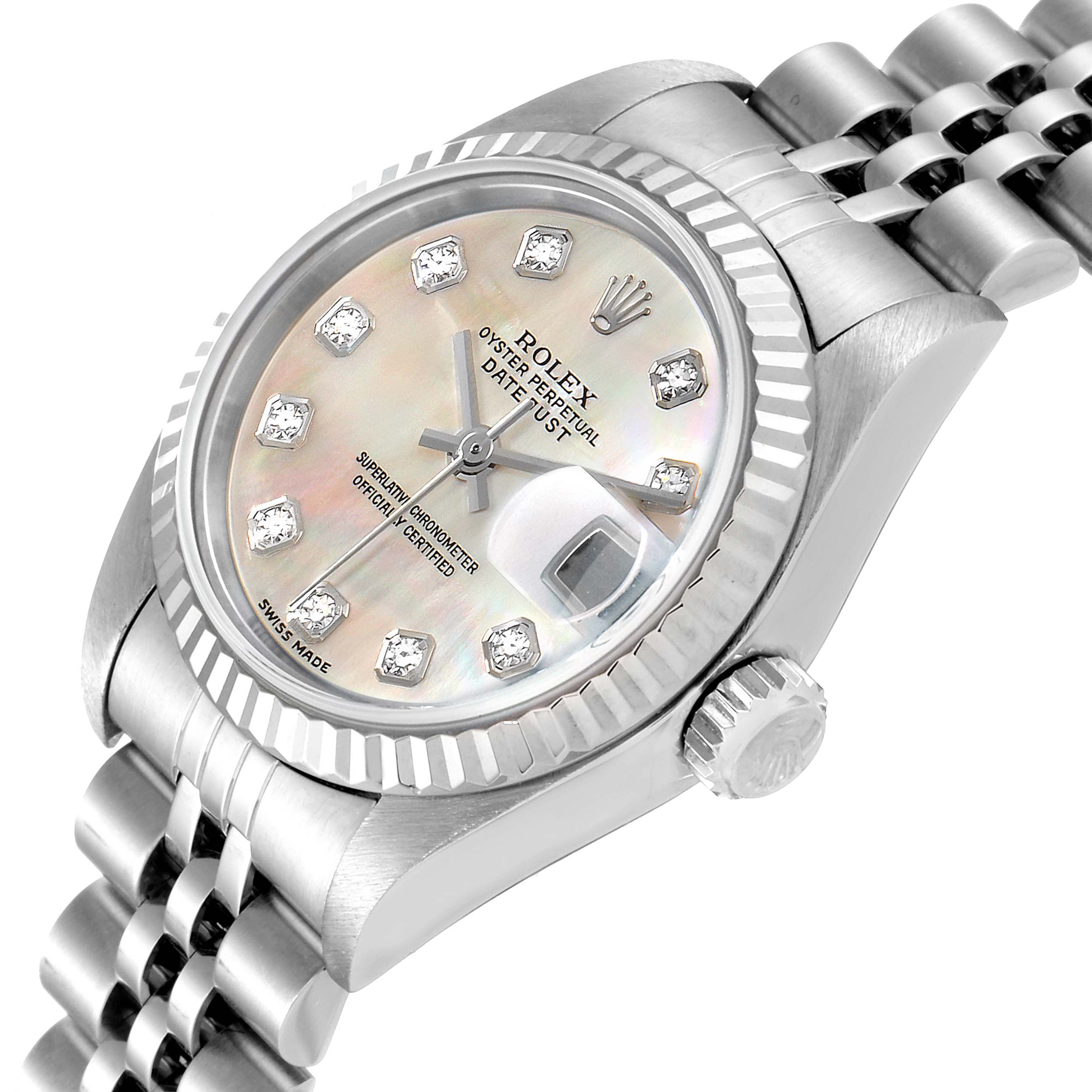The image shows a close-up angled view of a Rolex Datejust 79174 Women's Stainless Steel Mother of Pearl Dial 79174 Women's Stainless Steel Mother of Pearl Dial watch, highlighting its face, bezel, crown, and part of the bracelet.