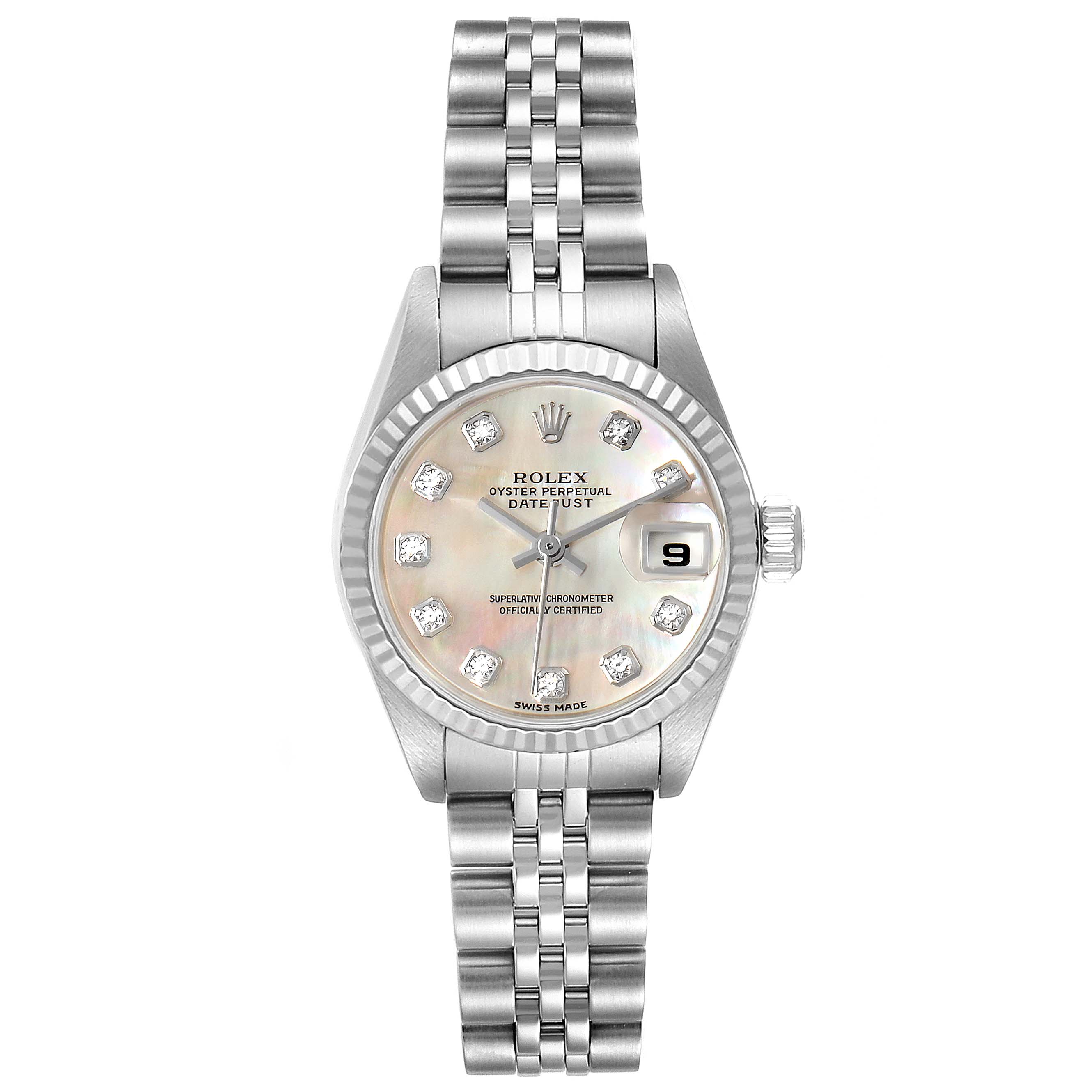 The Rolex Datejust 79174 Women's Stainless Steel Mother of Pearl Dial 79174 Women's Stainless Steel Mother of Pearl Dial watch is shown from the front, displaying its face, dial, fluted bezel, and Jubilee bracelet.