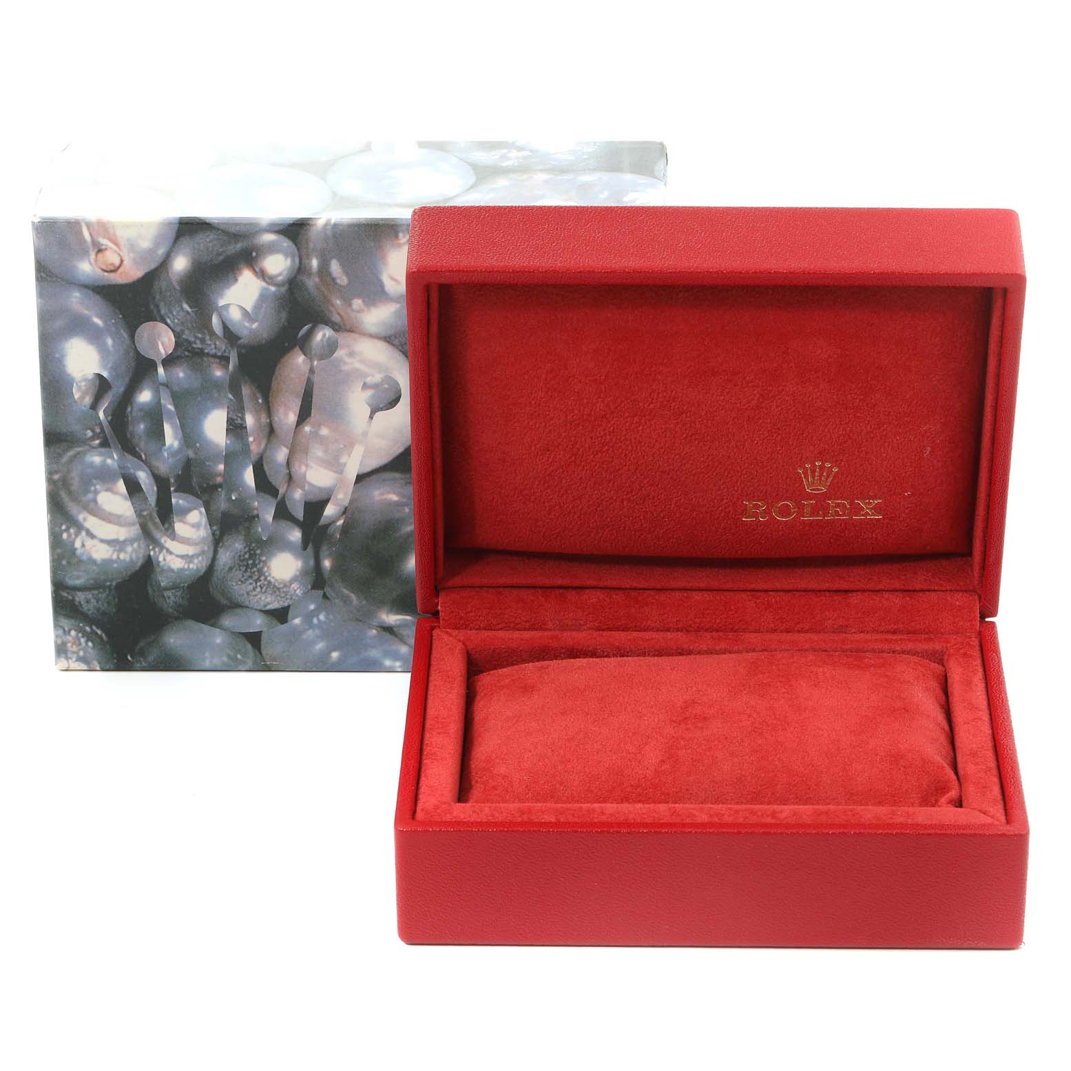This image shows the packaging for a Datejust model by Rolex, featuring a red box with interior cushioning and an outer decorative box.