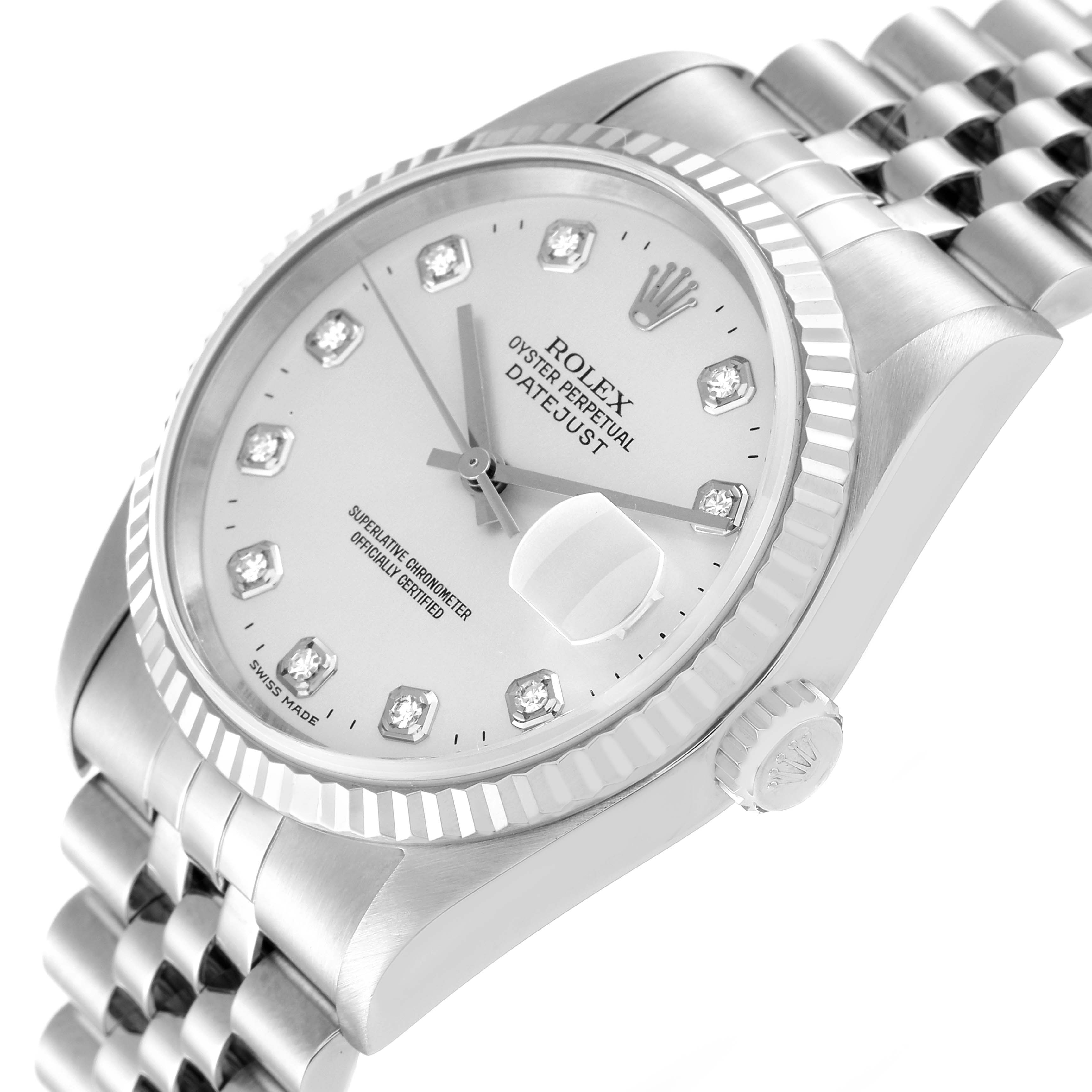 This Rolex Datejust 16234 Men's Stainless Steel Silver Dial 16234 Men's Stainless Steel Silver Dial watch is shown from a diagonal angle, displaying the face, bezel, crown, and part of the bracelet.