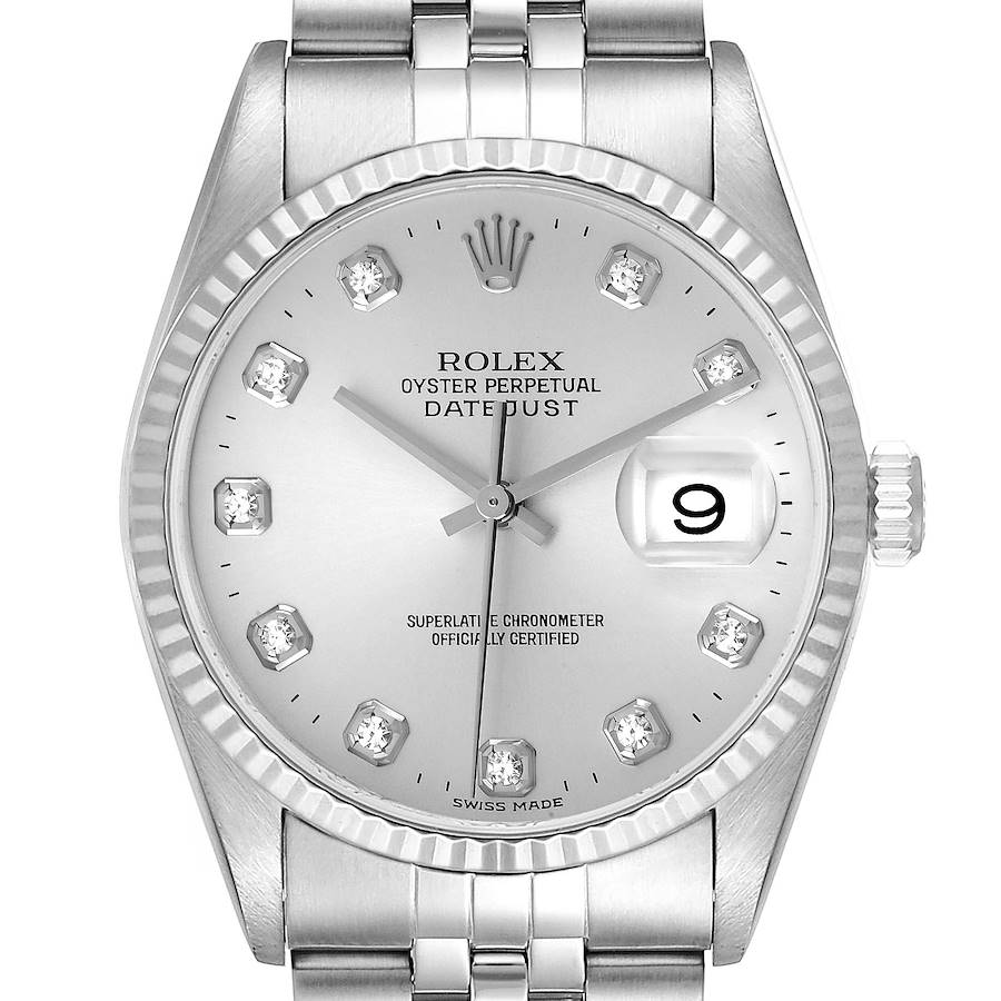 The image shows a front view of the Rolex Datejust watch, highlighting the dial, bezel, crown, and part of the bracelet.