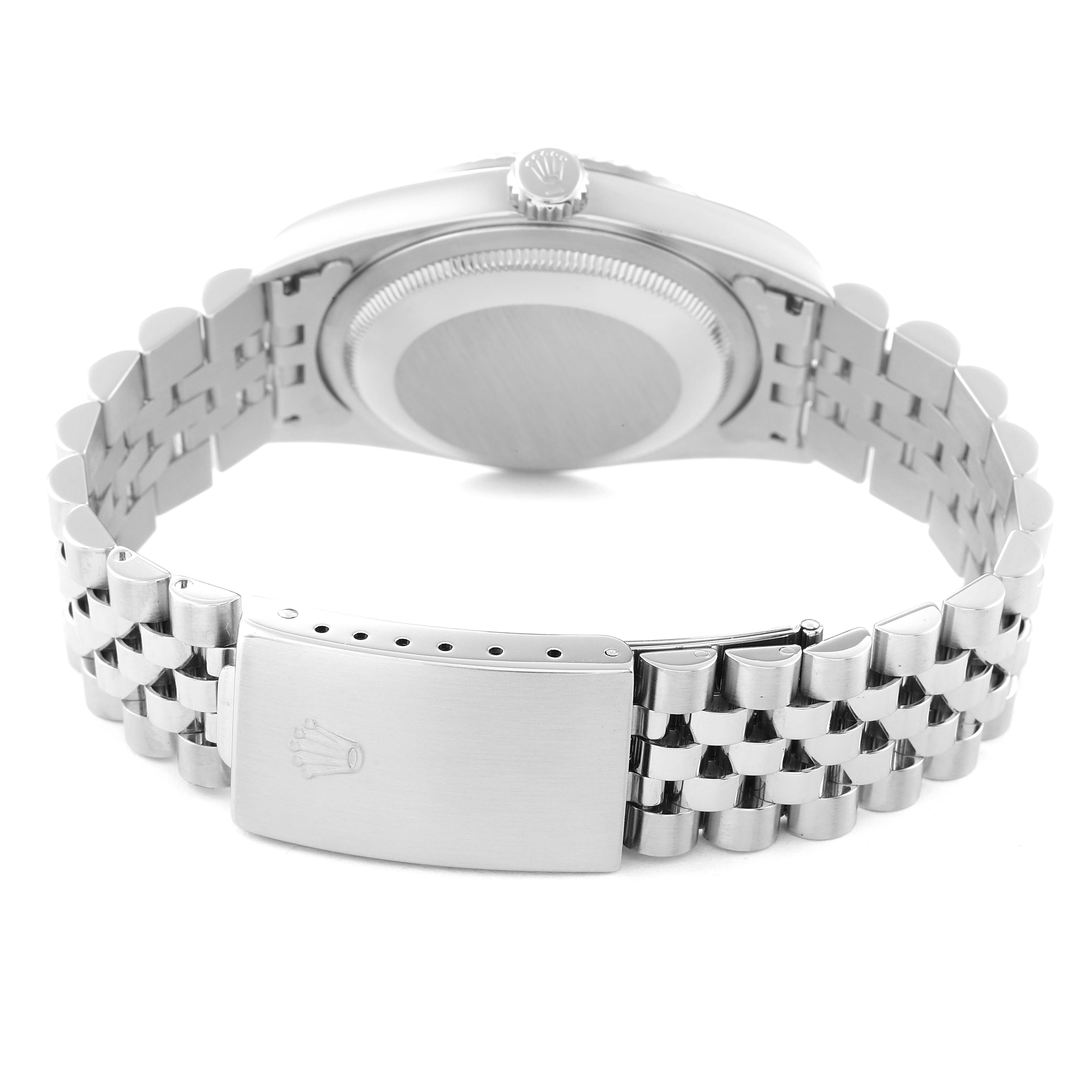 This image shows the back view of a Rolex Datejust 16234 Men's Stainless Steel Silver Dial 16234 Men's Stainless Steel Silver Dial watch, highlighting the case back, crown, and jubilee bracelet with clasp.