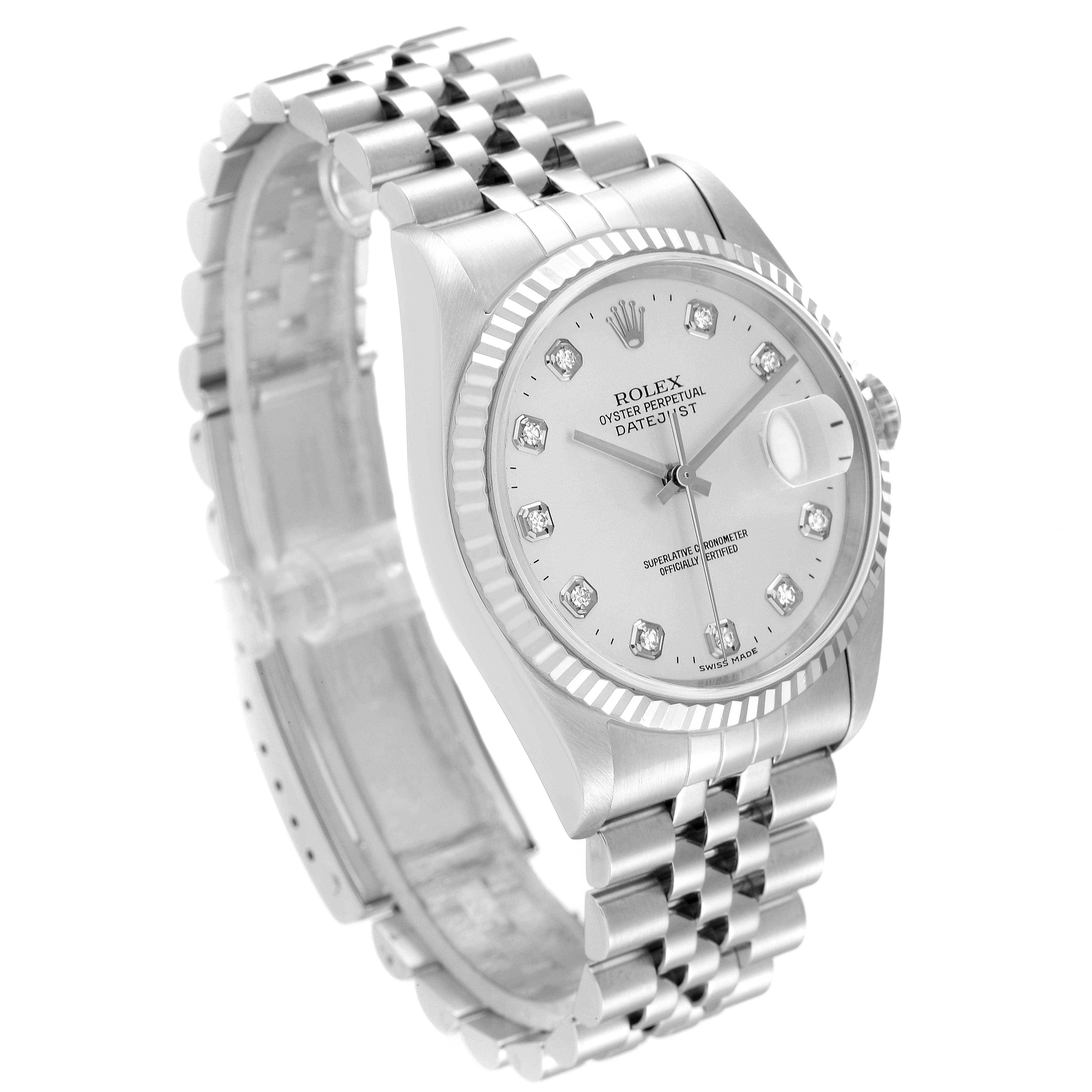 The image shows a Rolex Datejust 16234 Men's Stainless Steel Silver Dial 16234 Men's Stainless Steel Silver Dial watch at a three-quarter angle, exhibiting its Jubilee bracelet, fluted bezel, and diamond hour markers.