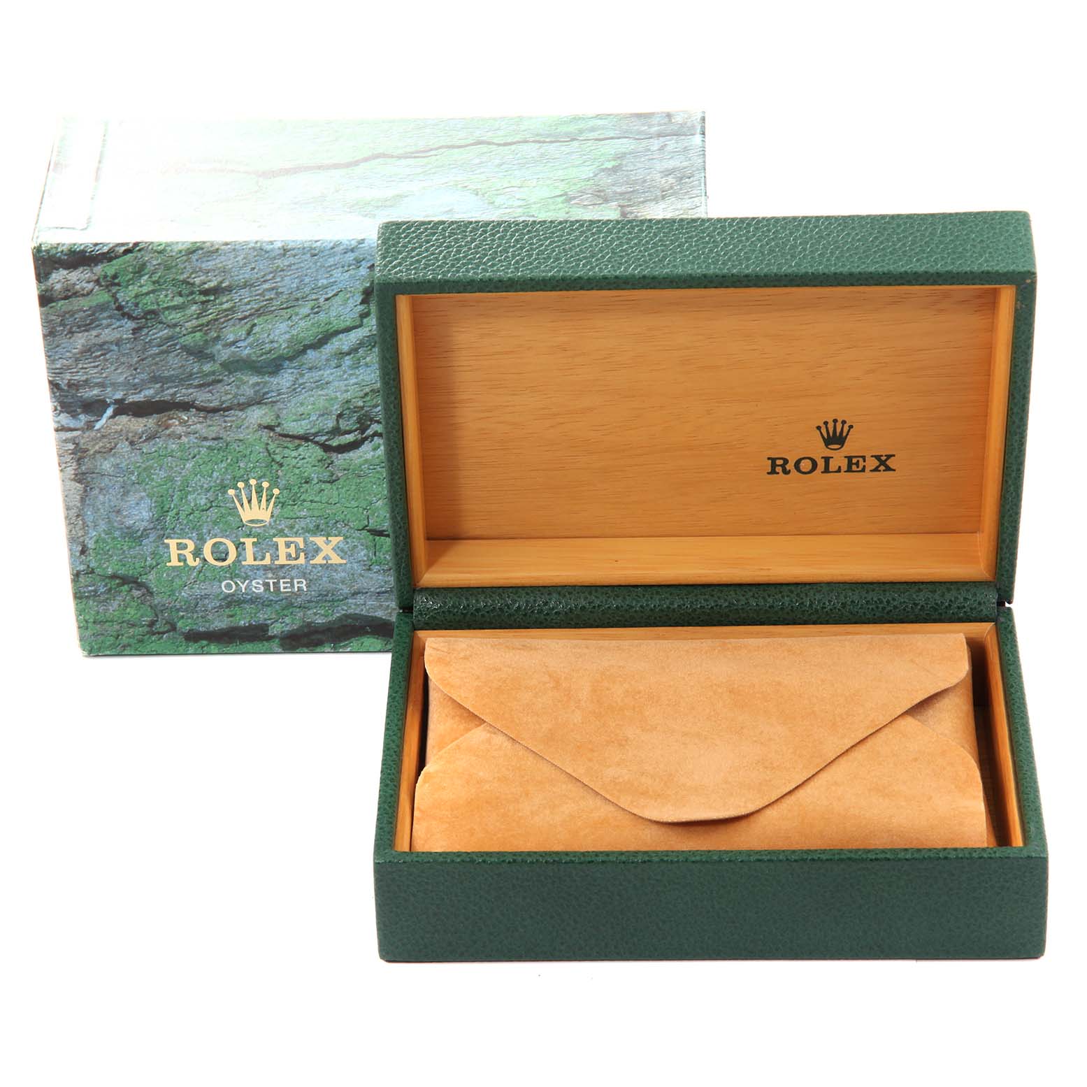 The image shows an open Rolex Datejust 16234 Men's Stainless Steel Silver Dial 16234 Men's Stainless Steel Silver Dial box with green exterior and wooden interior, alongside a closed suede pouch.