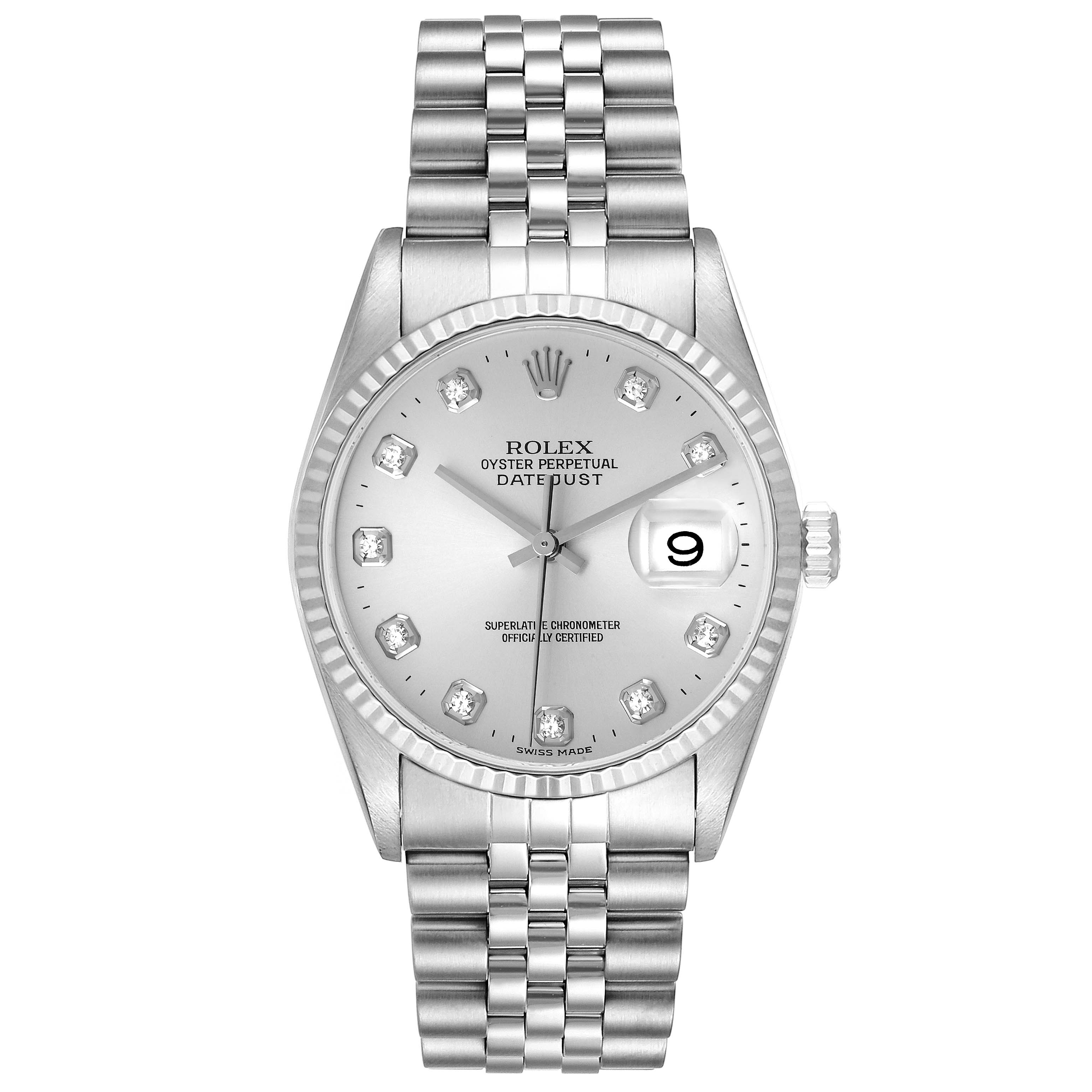 The image shows a Rolex Datejust 16234 Men's Stainless Steel Silver Dial 16234 Men's Stainless Steel Silver Dial watch from a top-down angle, displaying the dial, bezel, and bracelet.