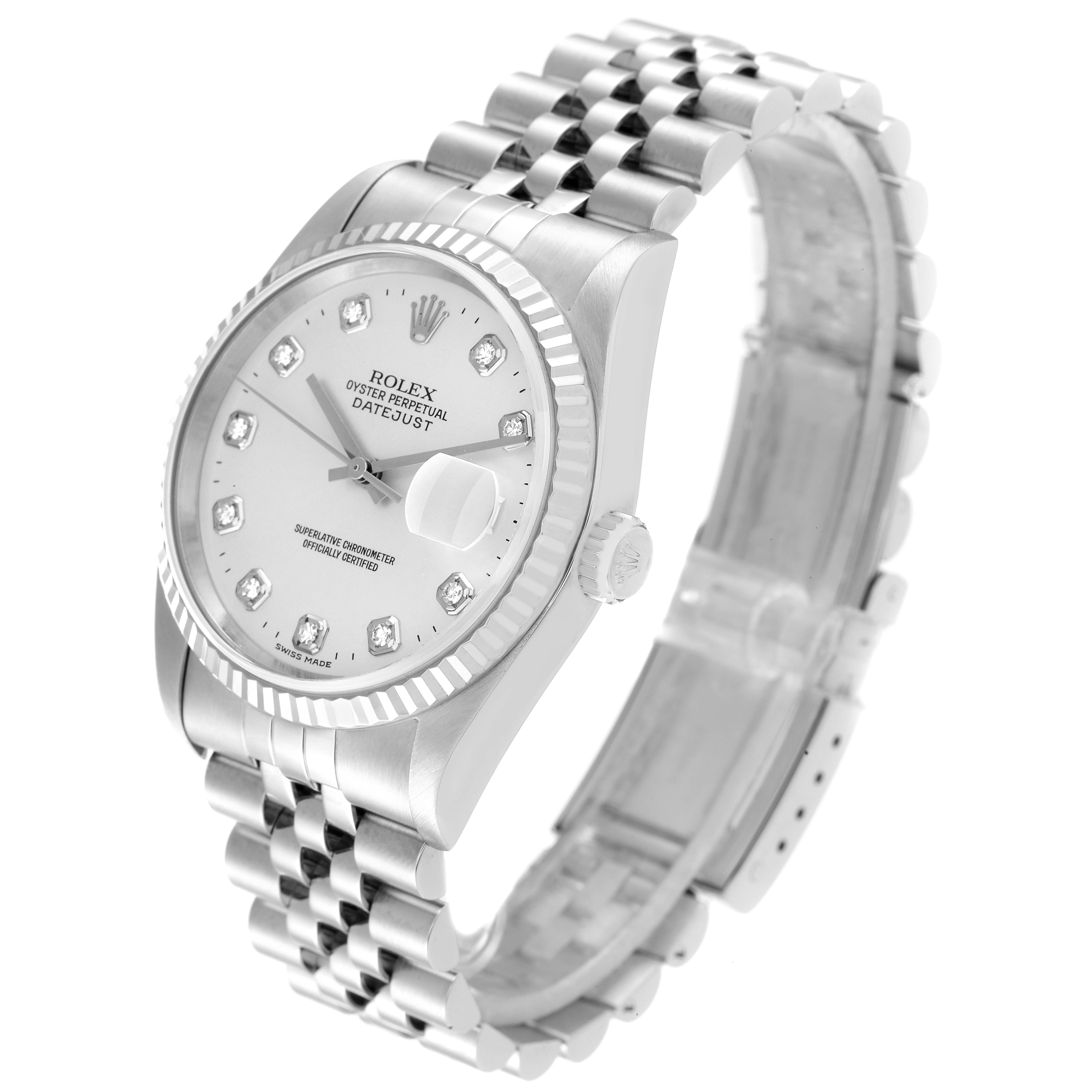 The Rolex Datejust 16234 Men's Stainless Steel Silver Dial 16234 Men's Stainless Steel Silver Dial watch is shown at an oblique angle, revealing the face, bezel, crown, and bracelet.