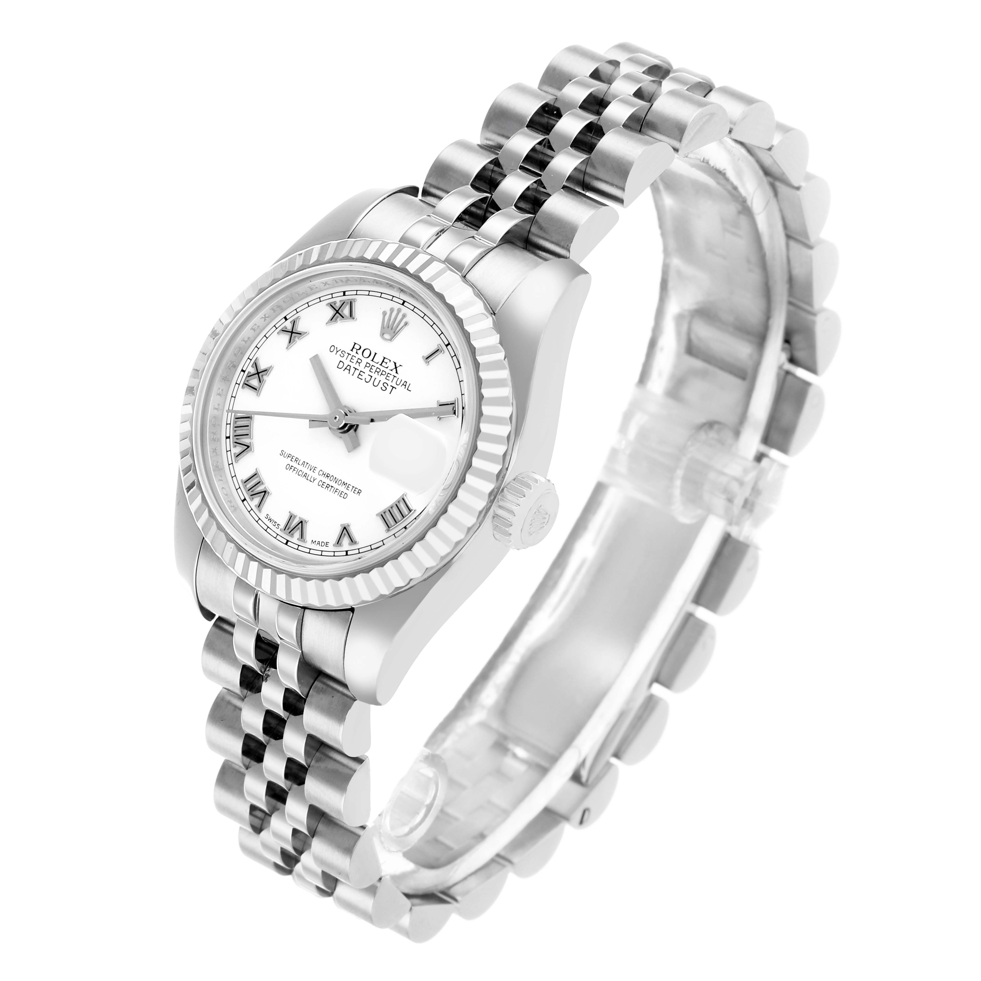 The Rolex Datejust 179174 Women's Stainless Steel White Dial watch is shown at a three-quarter angle highlighting the face, bezel, crown, and Jubilee bracelet.