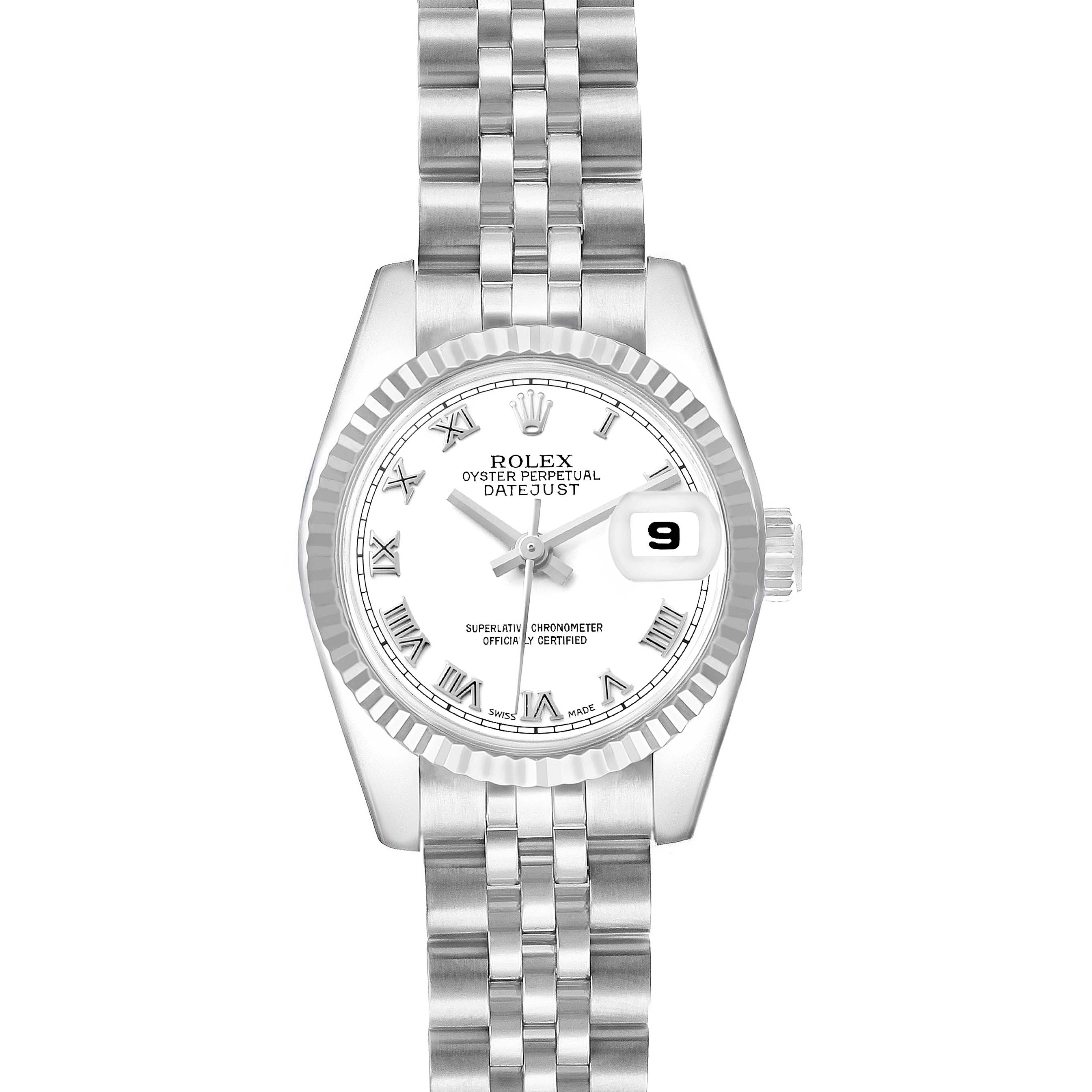 The image shows a front view of the Rolex Datejust 179174 Women's Stainless Steel White Dial model, highlighting the face, bezel, and bracelet.