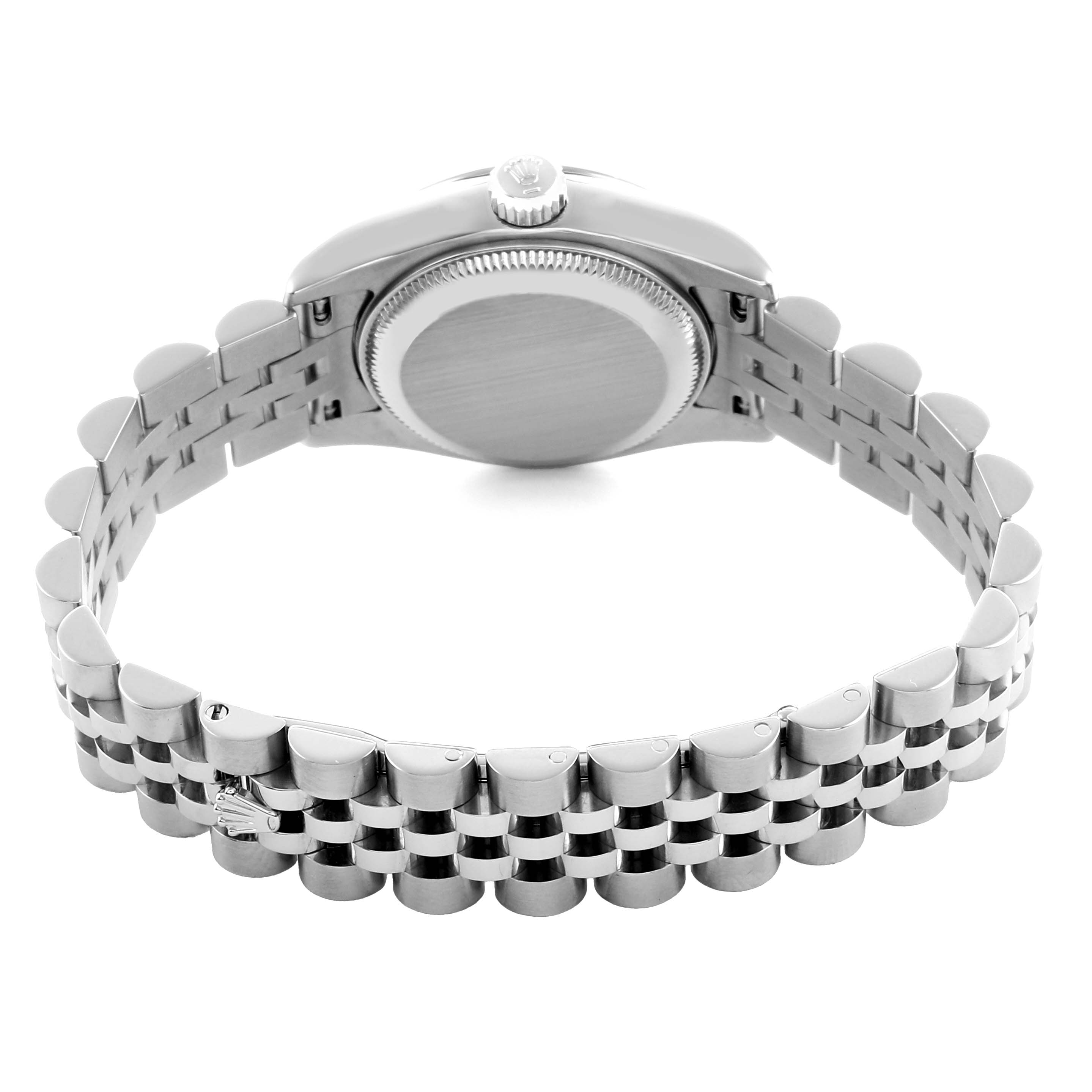 The Rolex Datejust 179174 Women's Stainless Steel White Dial watch is shown from the back, highlighting the case back and Jubilee bracelet.