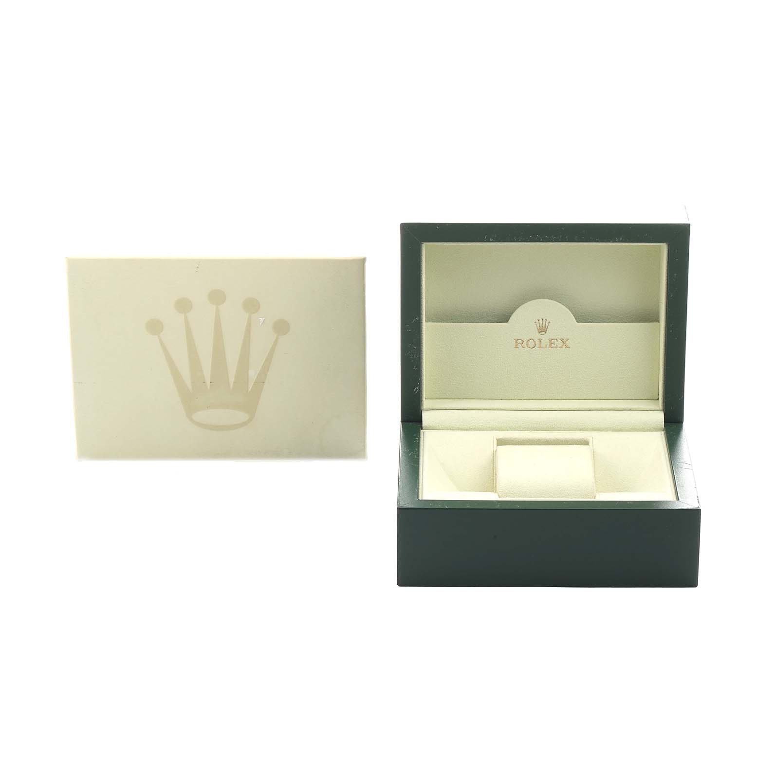 The image shows an open Rolex Datejust 179174 Women's Stainless Steel White Dial box and an outer sleeve with the Rolex logo.