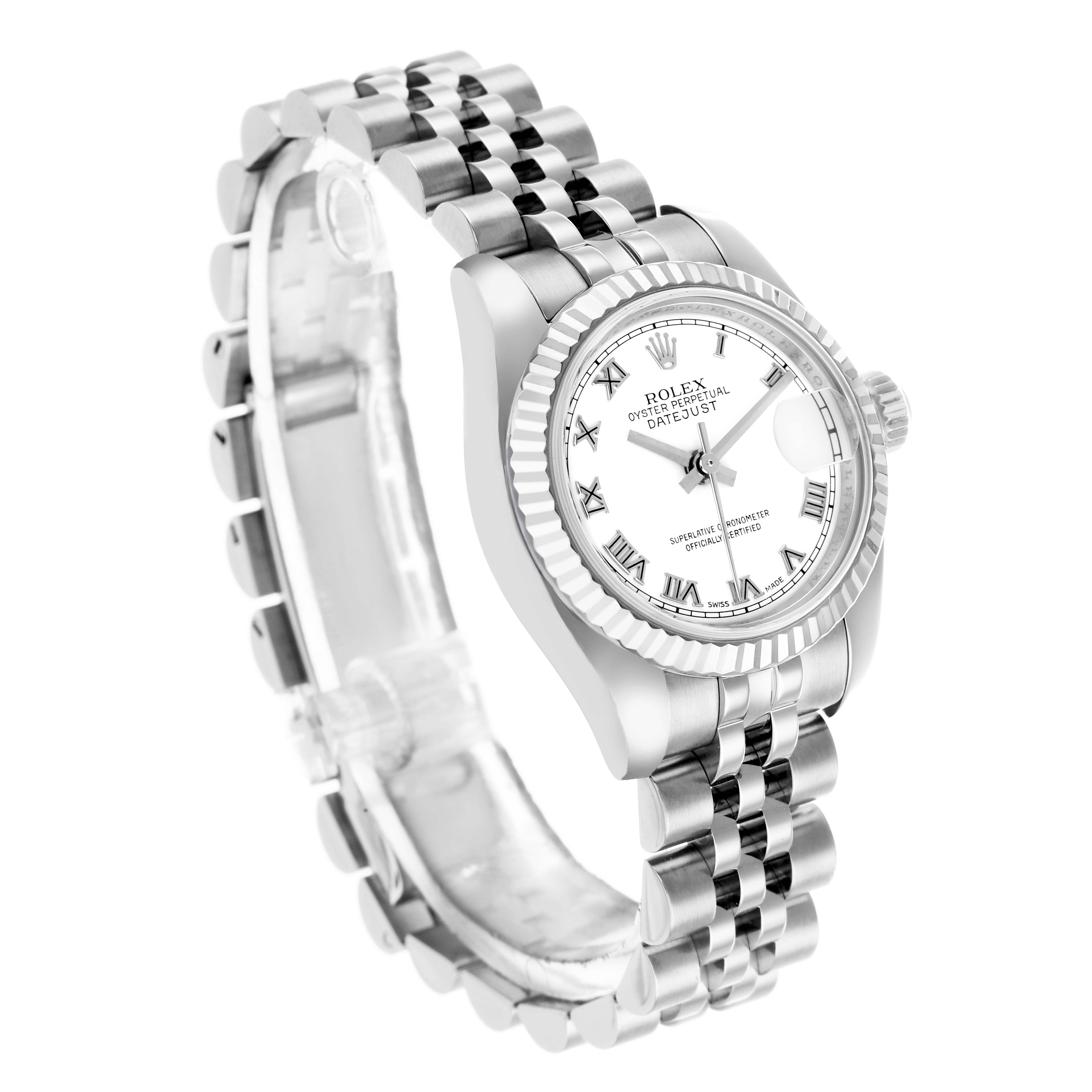 The Rolex Datejust 179174 Women's Stainless Steel White Dial watch is shown at a slight angle, highlighting the dial, bezel, and Jubilee bracelet.