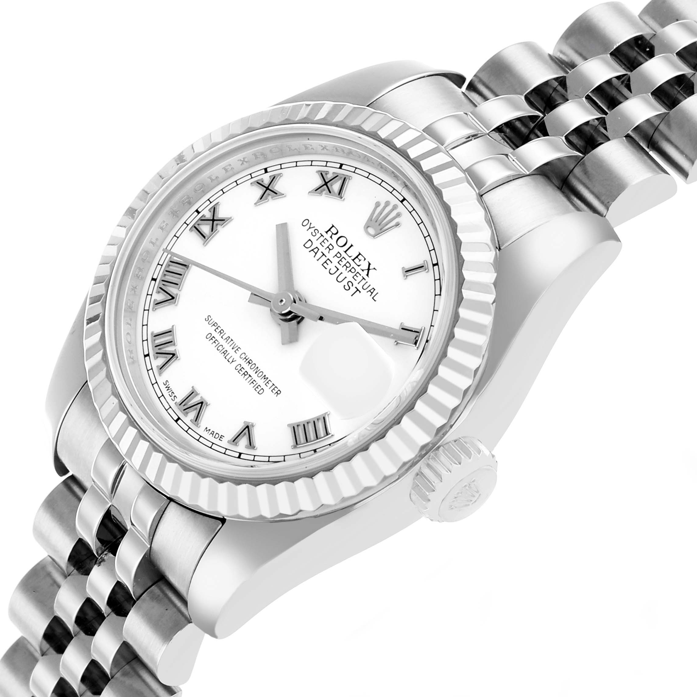 The Rolex Datejust 179174 Women's Stainless Steel White Dial watch is shown at a slight angle, highlighting the bezel, dial with Roman numerals, crown, and bracelet.