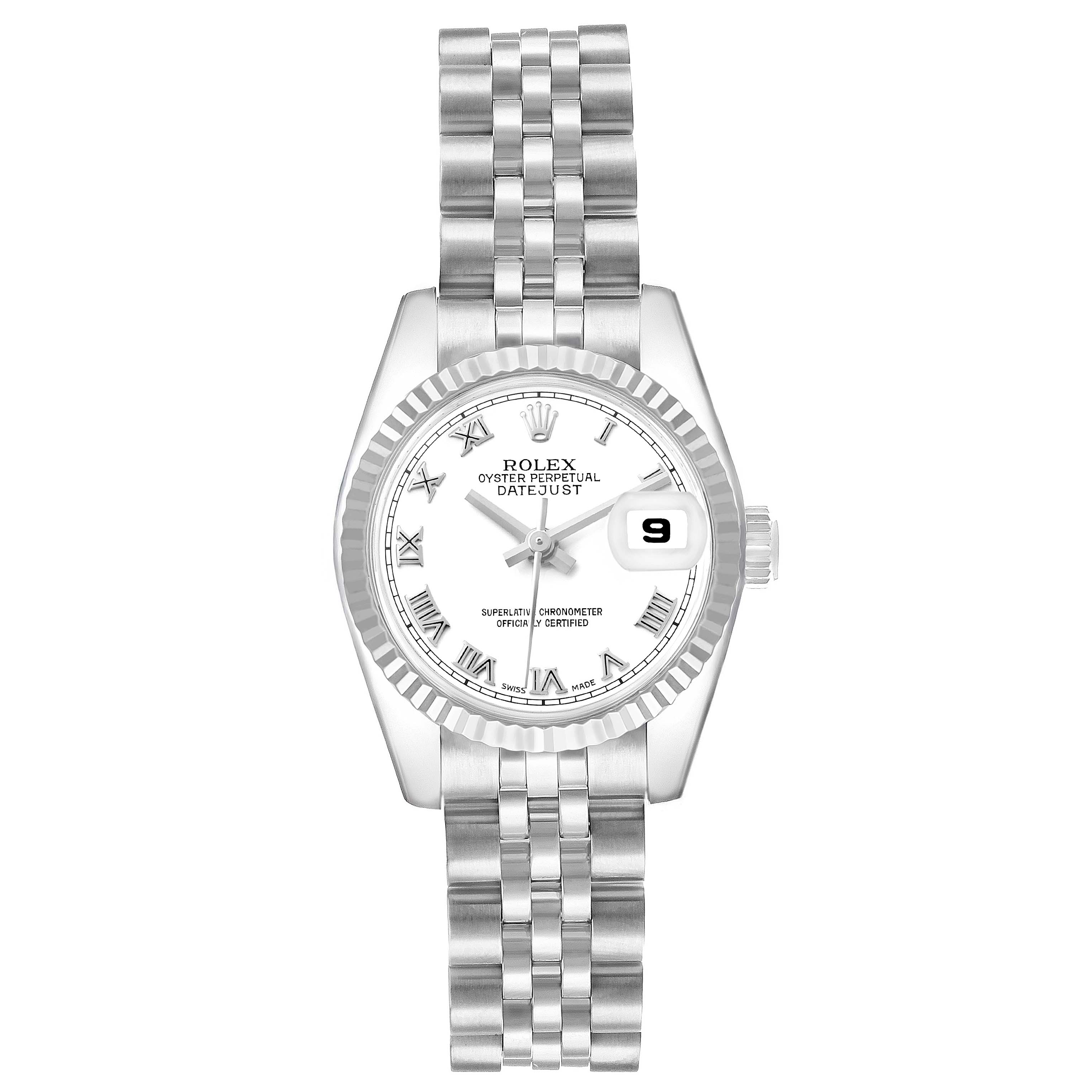 The Rolex Datejust 179174 Women's Stainless Steel White Dial watch is shown from a front angle, featuring the dial, bezel, bracelet, and date window.