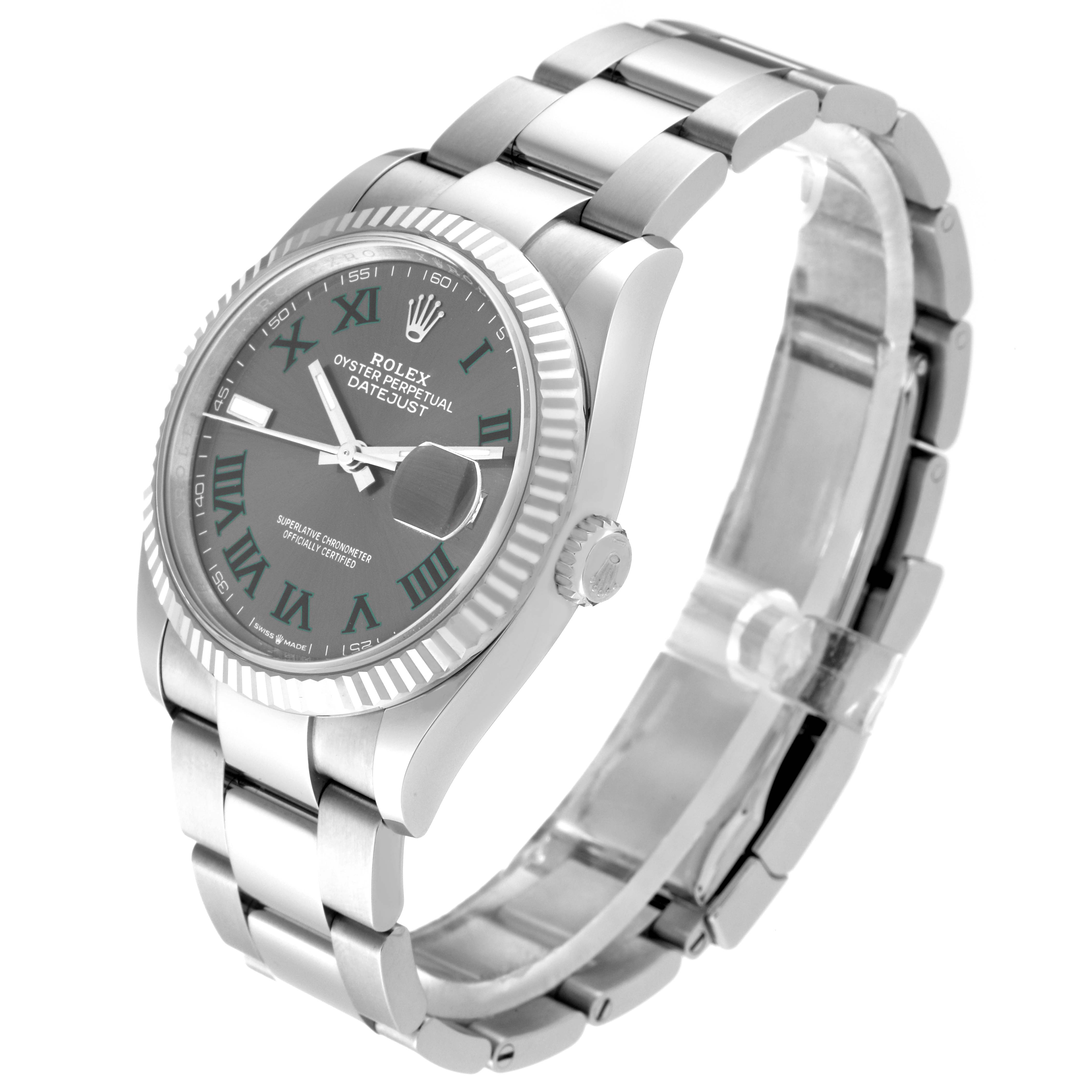 The Rolex Datejust 126234 Men's Stainless Steel Grey Dial 126234 Men's Stainless Steel Grey Dial watch is shown at a three-quarter angle, featuring the bracelet, bezel, dial, and crown.