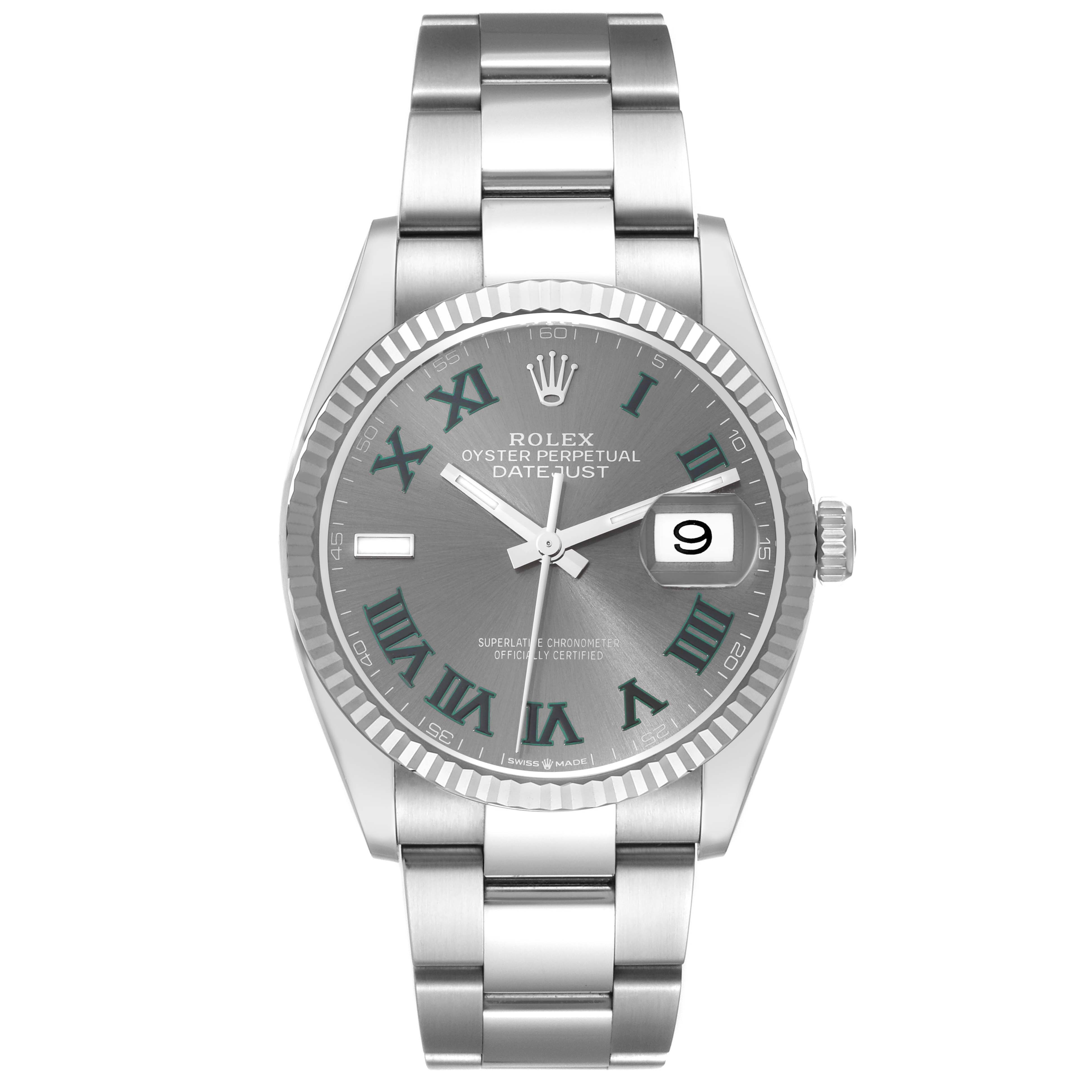 This image shows a front view of a Rolex Datejust 126234 Men's Stainless Steel Grey Dial 126234 Men's Stainless Steel Grey Dial watch, highlighting its stainless steel bracelet, fluted bezel, and date display.
