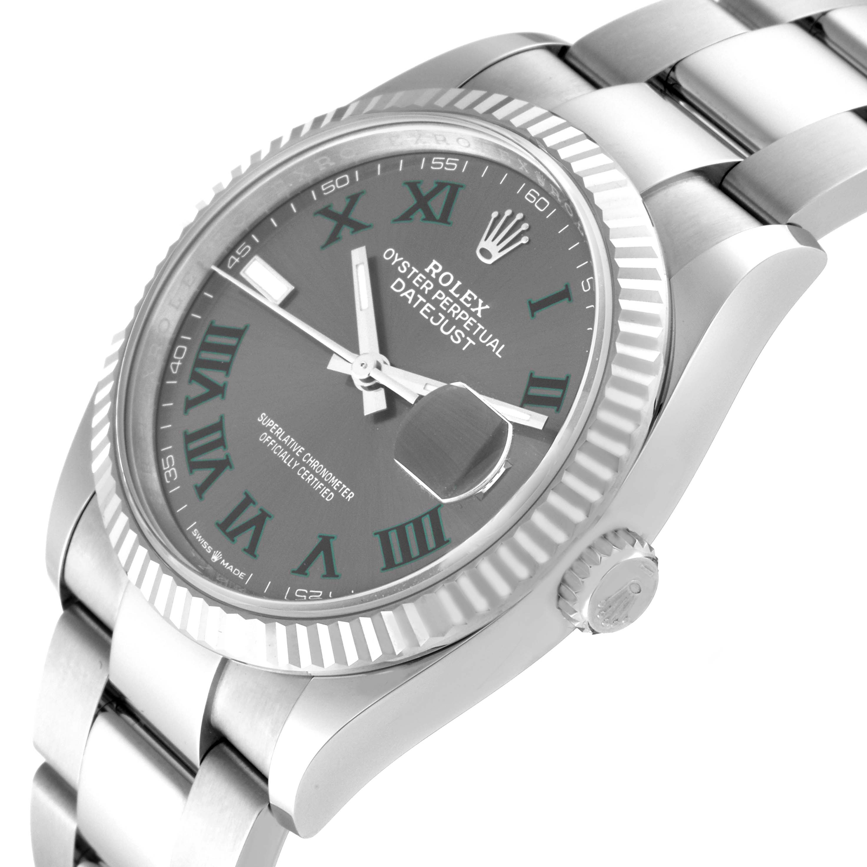 This image shows a close-up angle of a Rolex Datejust 126234 Men's Stainless Steel Grey Dial 126234 Men's Stainless Steel Grey Dial watch, featuring its face, bezel, crown, and a portion of the bracelet.