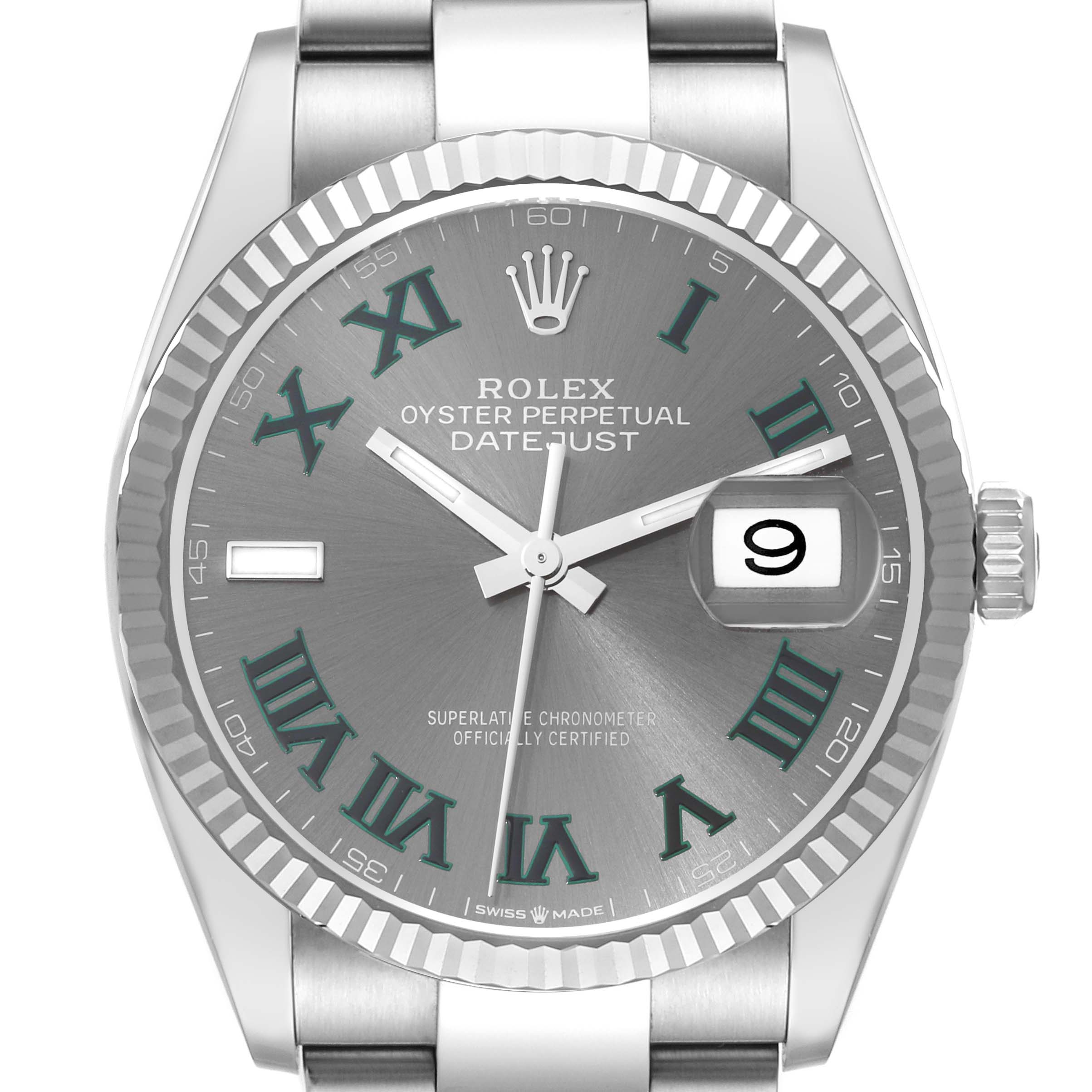 This image shows a front view of the Rolex Datejust 126234 Men's Stainless Steel Grey Dial 126234 Men's Stainless Steel Grey Dial watch, featuring its dial, bezel, hands, date window, and part of the bracelet.