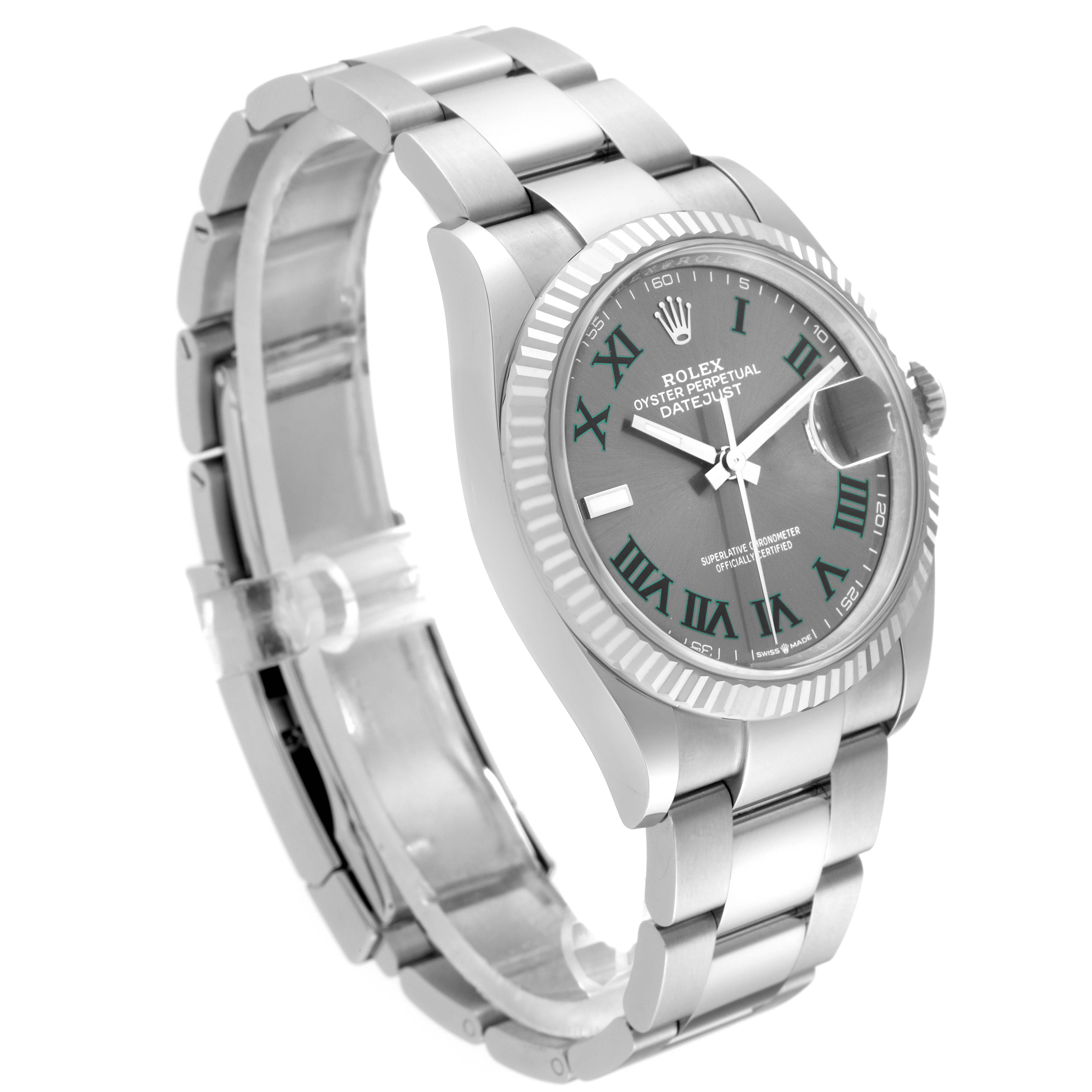 This image shows a Rolex Datejust 126234 Men's Stainless Steel Grey Dial 126234 Men's Stainless Steel Grey Dial watch at a three-quarter angle, displaying the bracelet, bezel, dial, and clasp.