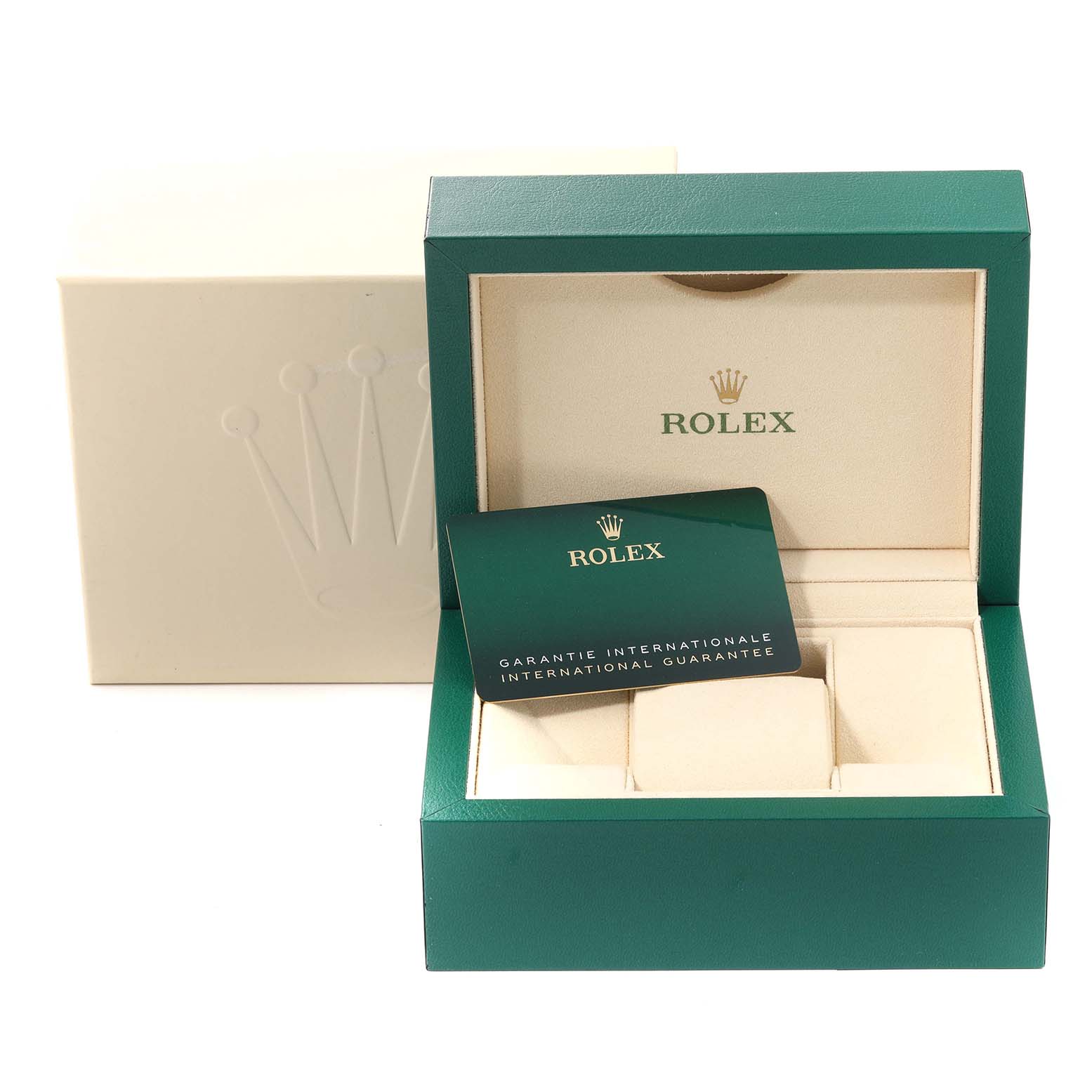 The image shows the packaging and guarantee card for a Rolex Datejust 126234 Men's Stainless Steel Grey Dial 126234 Men's Stainless Steel Grey Dial watch, with an embossed outer box and an open inner box.