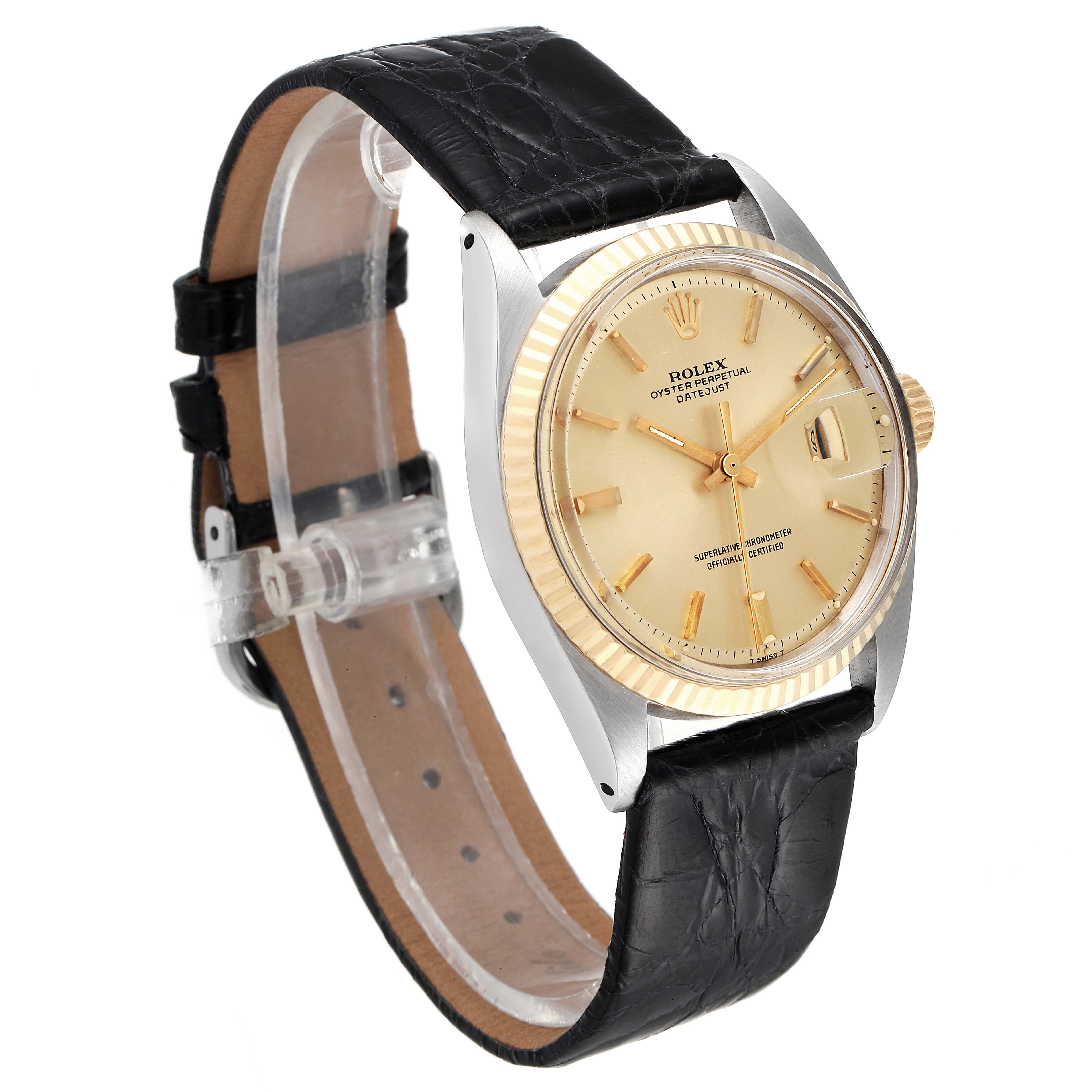 The image shows a Rolex Vintage Collection 1601 Men's Steel and Gold (two tone) Champagne Dial 1601 Men's Steel and Gold (two tone) Champagne Dial watch at a front angle, highlighting the face, black leather strap, and gold bezel.