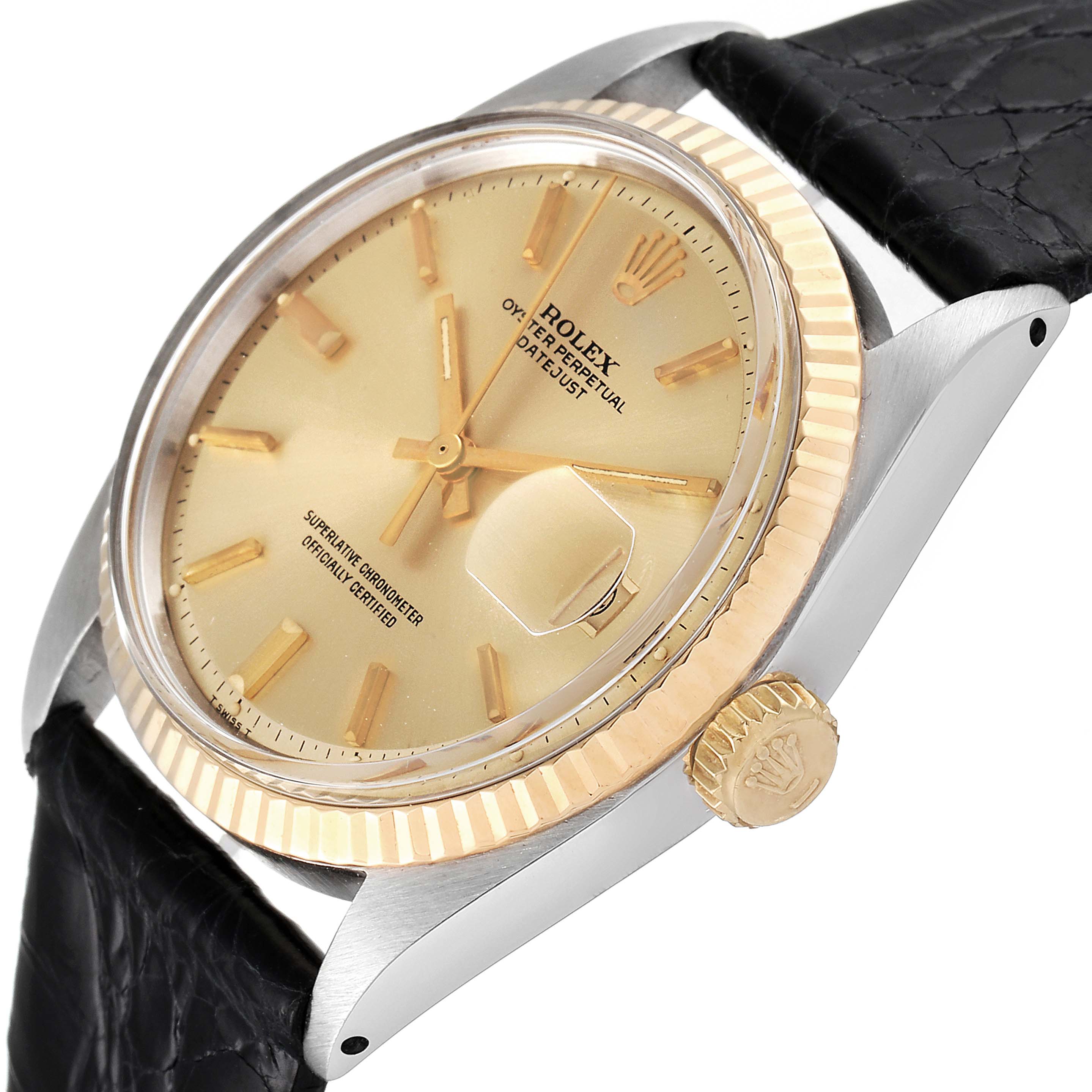 The image shows a close-up angle of the face, bezel, crown, and part of the strap of a Rolex Vintage Collection 1601 Men's Steel and Gold (two tone) Champagne Dial 1601 Men's Steel and Gold (two tone) Champagne Dial Datejust watch.
