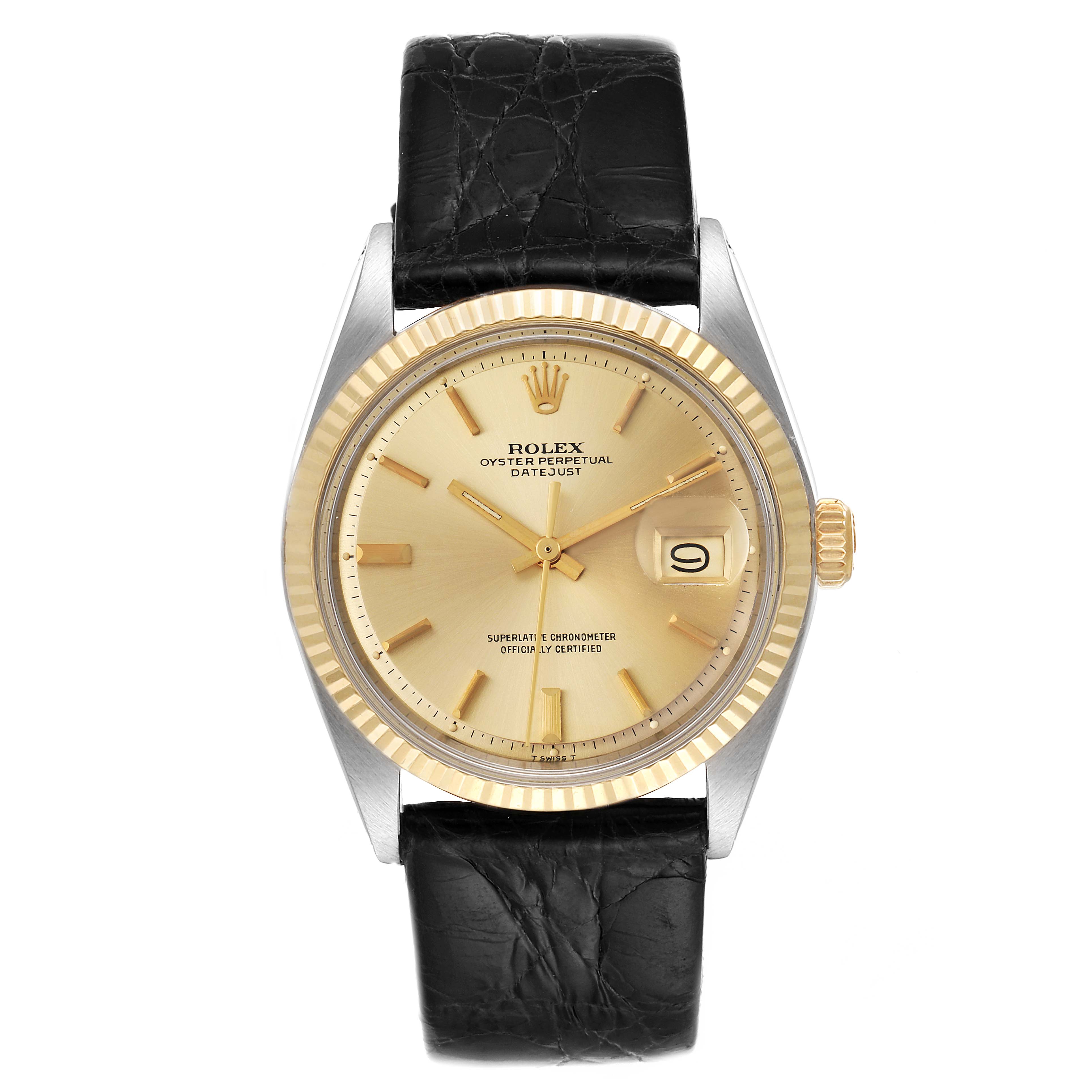This image shows a front view of a Rolex Vintage Collection 1601 Men's Steel and Gold (two tone) Champagne Dial 1601 Men's Steel and Gold (two tone) Champagne Dial Oyster Perpetual Datejust watch with a black leather strap.