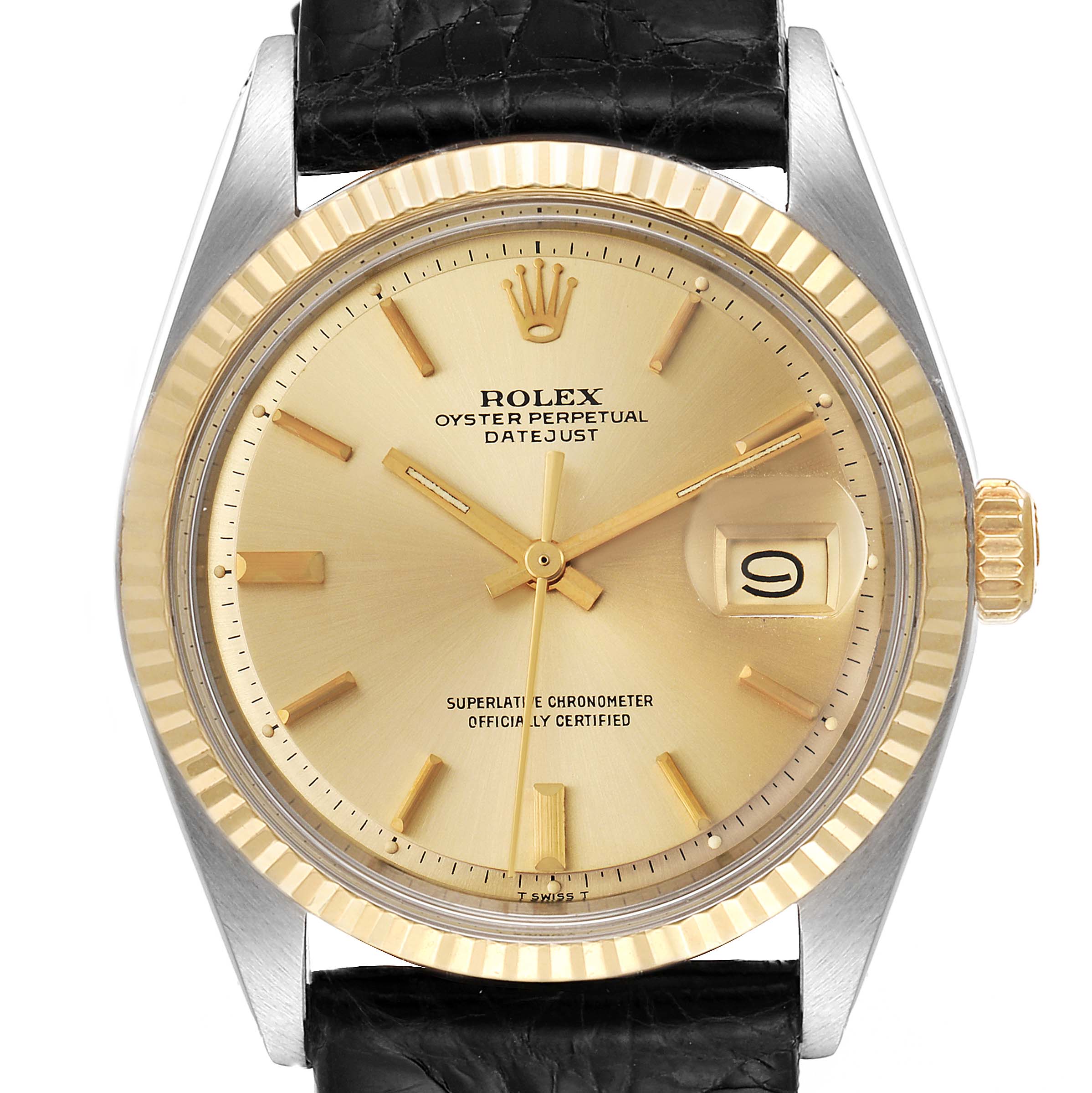 This image shows a front view of a Rolex Vintage Collection 1601 Men's Steel and Gold (two tone) Champagne Dial 1601 Men's Steel and Gold (two tone) Champagne Dial Oyster Perpetual Datejust watch with a gold dial and black leather strap.