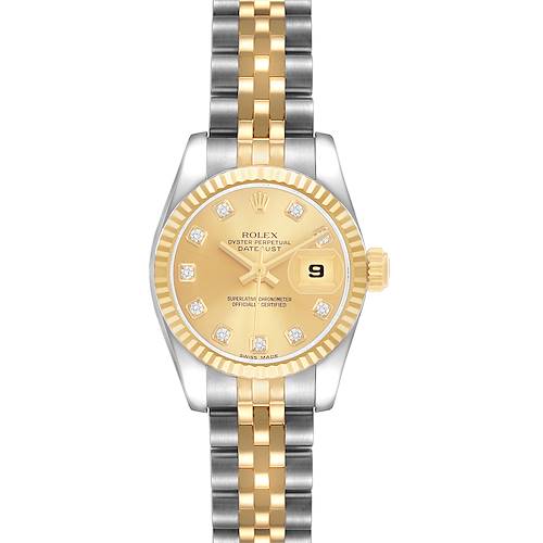 The Rolex Datejust 179173 Women's Steel and Gold (two tone) Champagne Dial watch is shown from a front view, highlighting its two-tone bracelet, fluted bezel, and champagne dial with diamond markers.