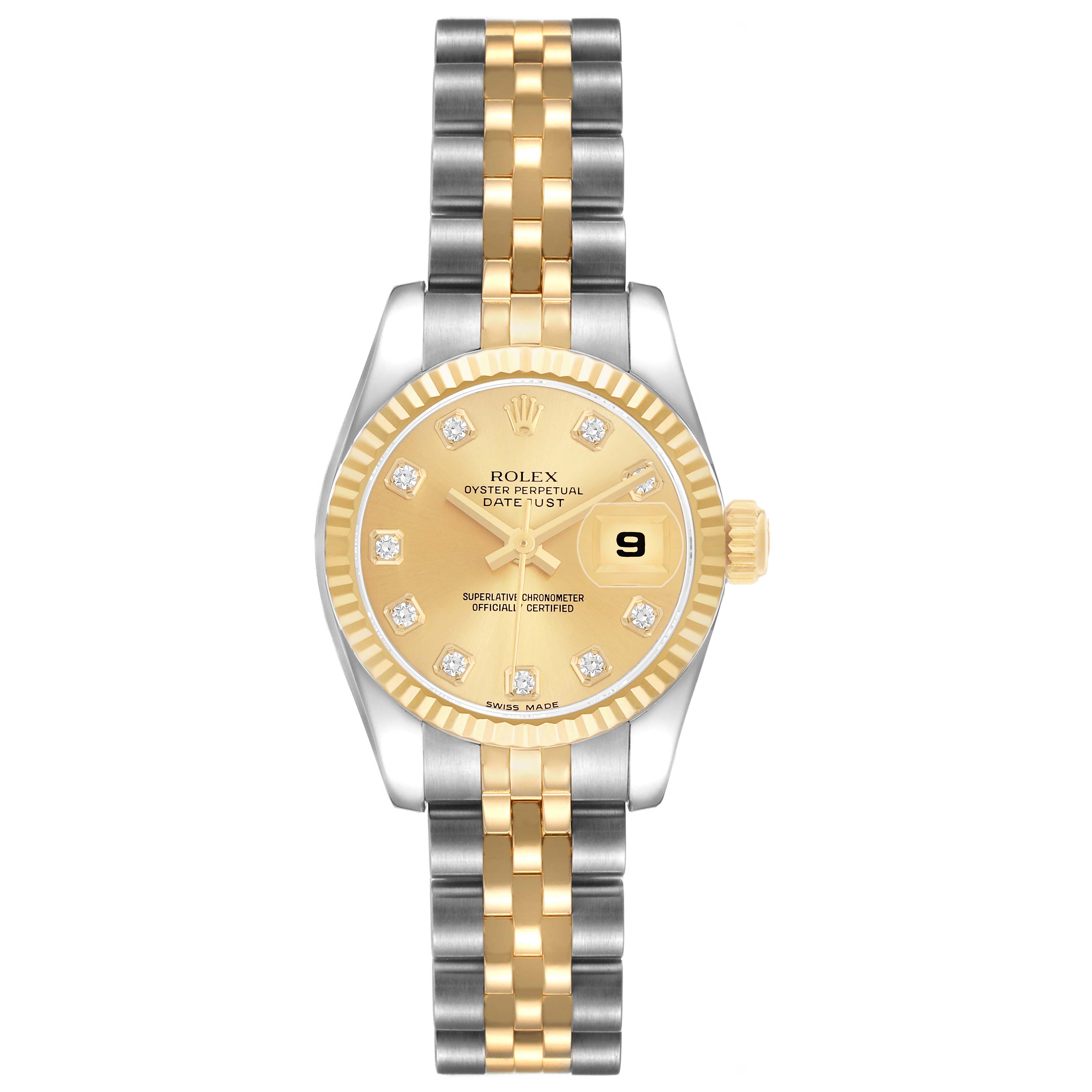 The Rolex Datejust 179173 Women's Steel and Gold (two tone) Champagne Dial watch is shown from the front, highlighting its dial, bezel, and bracelet.