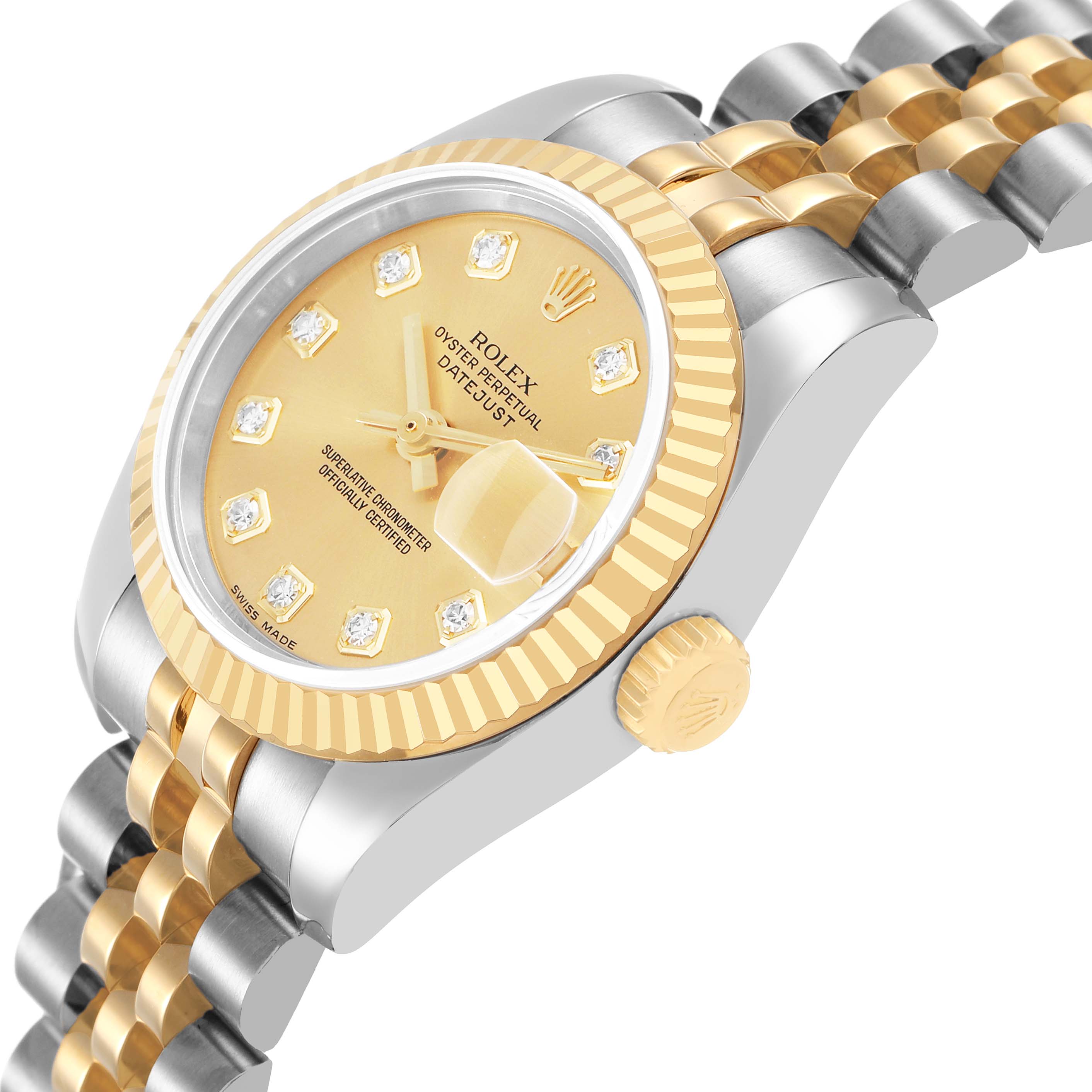 The Rolex Datejust 179173 Women's Steel and Gold (two tone) Champagne Dial is shown at an angled side view, highlighting the crown, fluted bezel, and part of the bracelet.